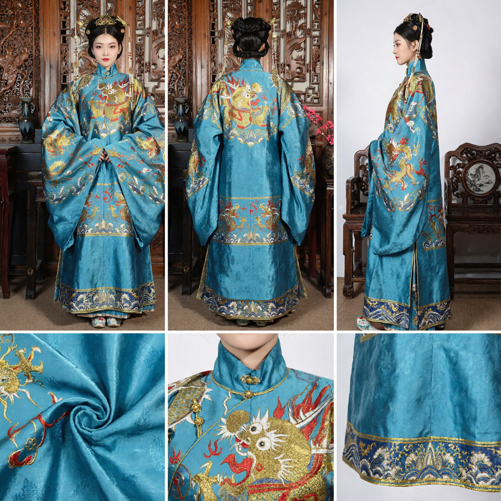 Traje Antigo Chinês Túnica do Dragão Azul da Imperatriz da Dinastia Qing Traje Tradicional de Dama do Palácio para Performance Feminina - Asian Costume