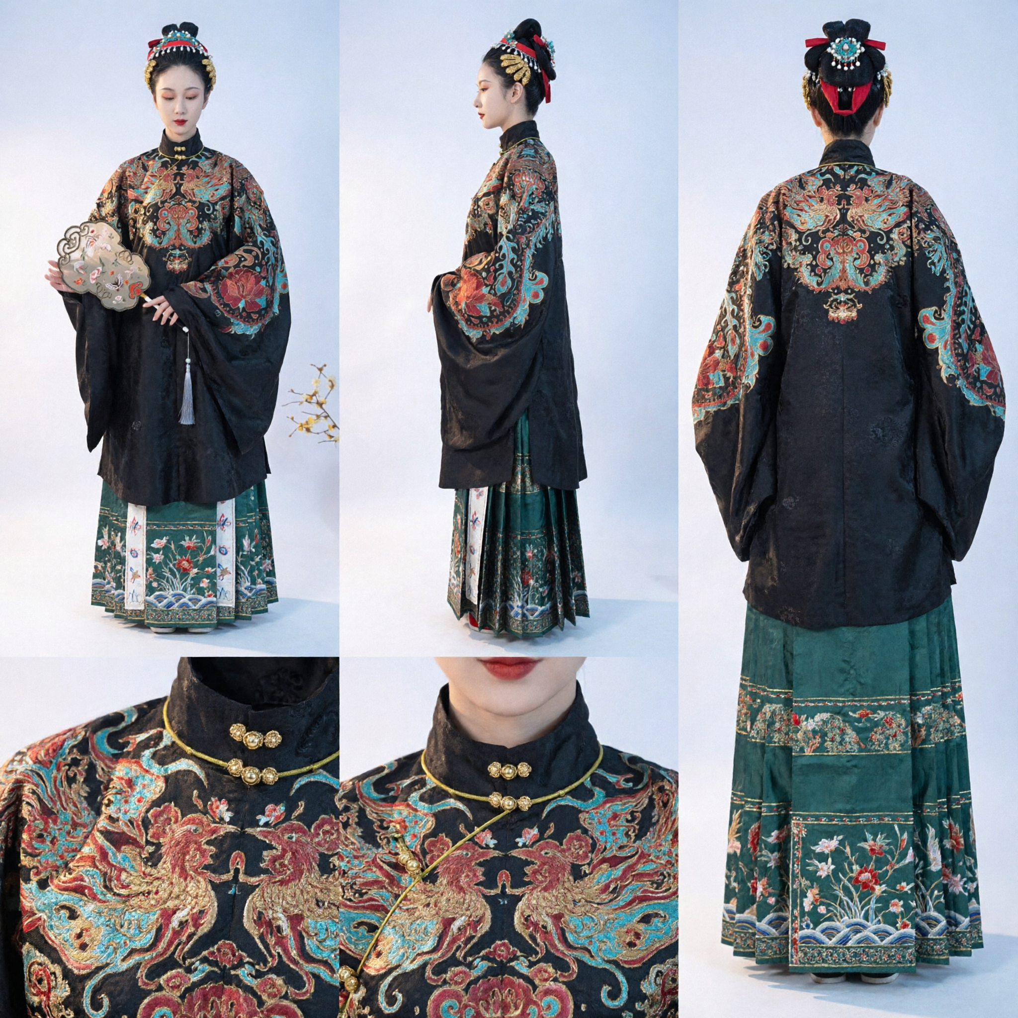 Hanfu tradizionale cinese della dinastia Ming, elegante set per donne con veste nera ricamata e gonna verde per eventi storici - Asian Costume