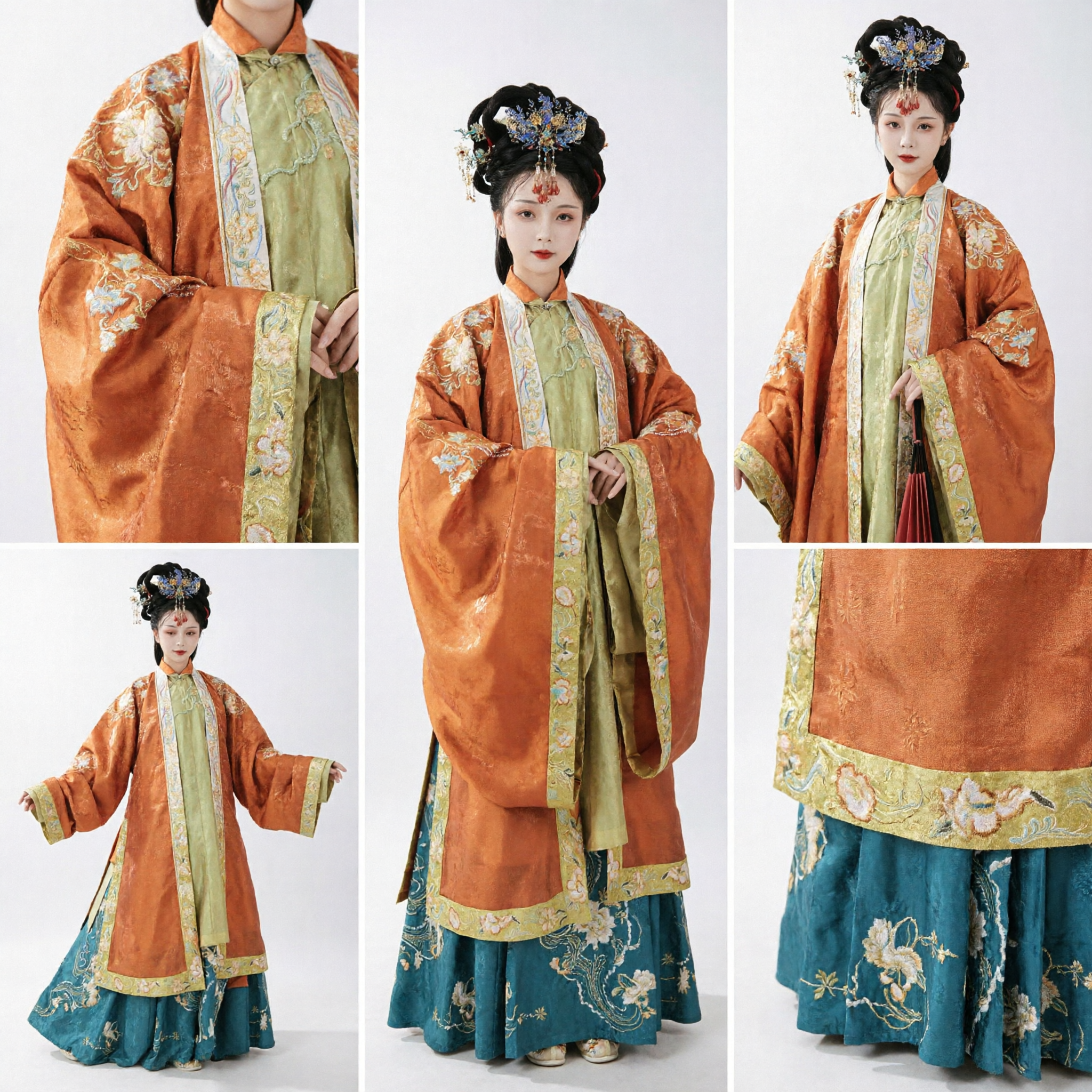 Traditionelles chinesisches Ming-Dynastie Hanfu-Kostüm Frauen Orange Blumenbestickte Jacke Türkis Rock Antikes Palastdame-Outfit - Asian Costume