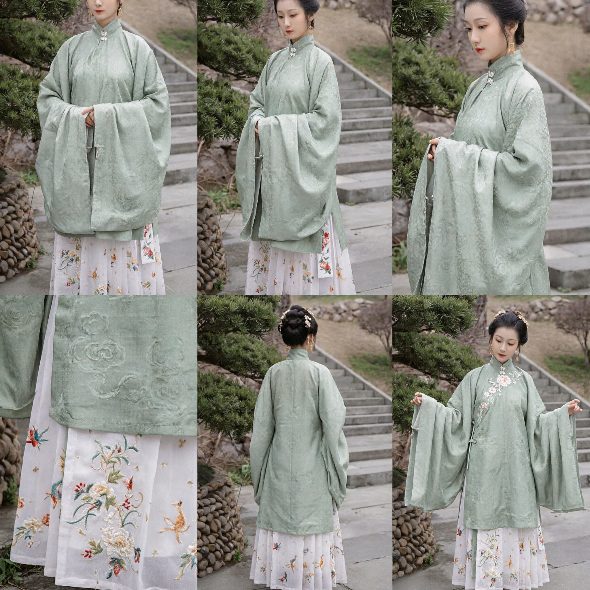 Ensemble Hanfu traditionnel de la dynastie Ming chinoise - Veste verte à col droit et jupe plissée florale pour femmes - Asian Costume