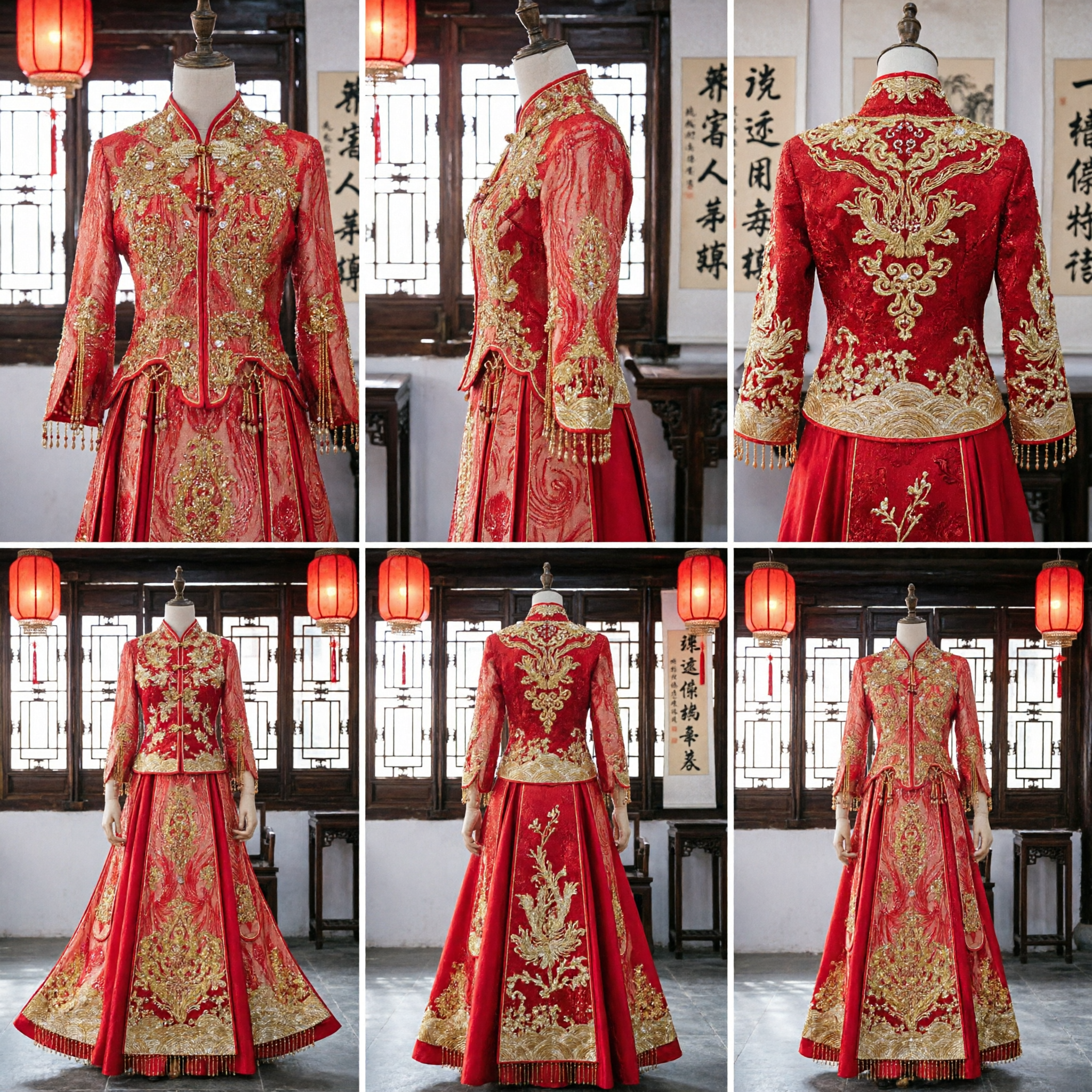 Vestido de Noiva Vermelho de Luxo Chinês Tradicional Bordado Dourado Xiu He Fu Vestido de Noiva de Manga Longa para a Noiva - Asian Costume