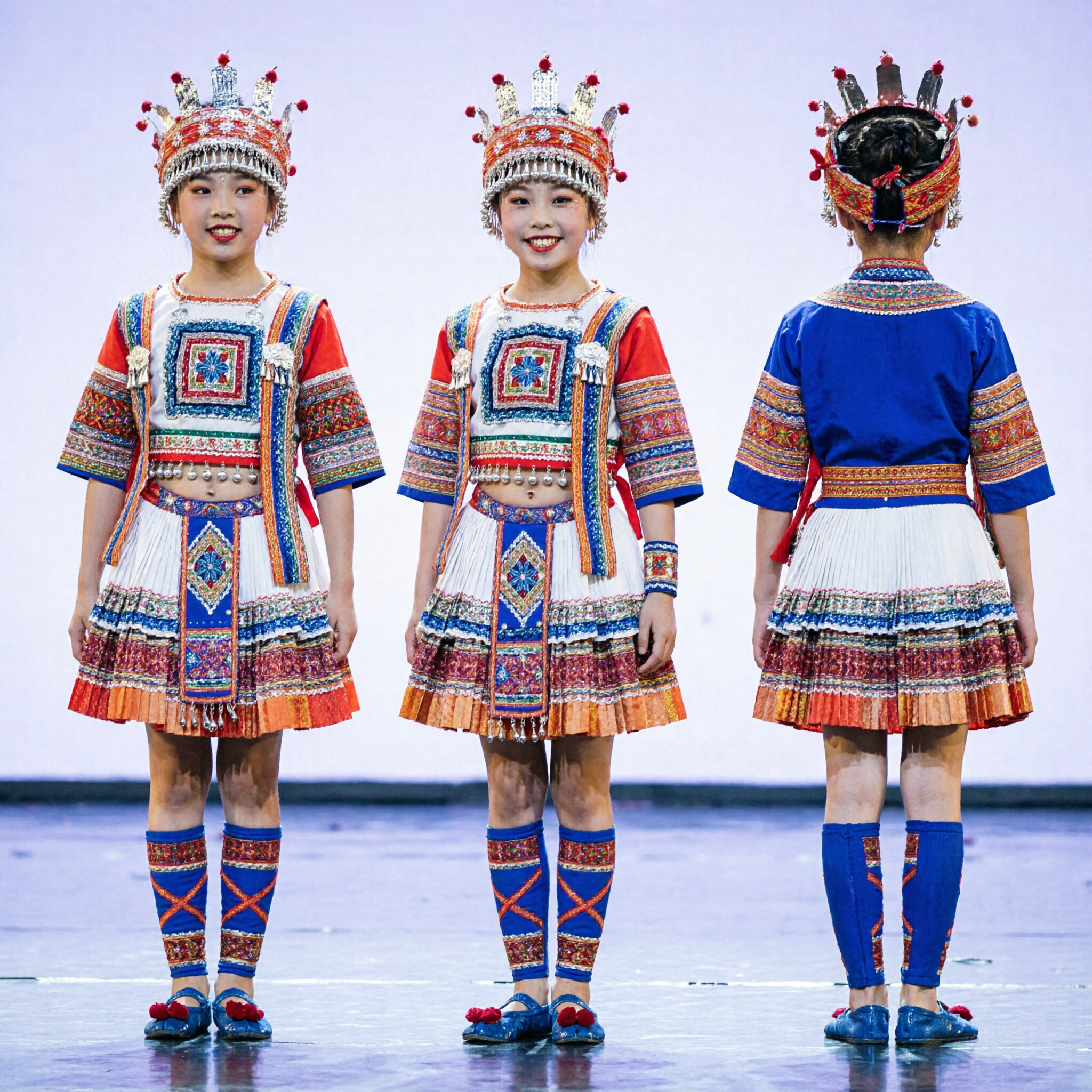 Traditionelles chinesisches Miao-Volksgruppen-Minderheit Tanzkostüm Kinder Mädchen Volk Bühnenaufführung Kleid-Set - Asian Costume