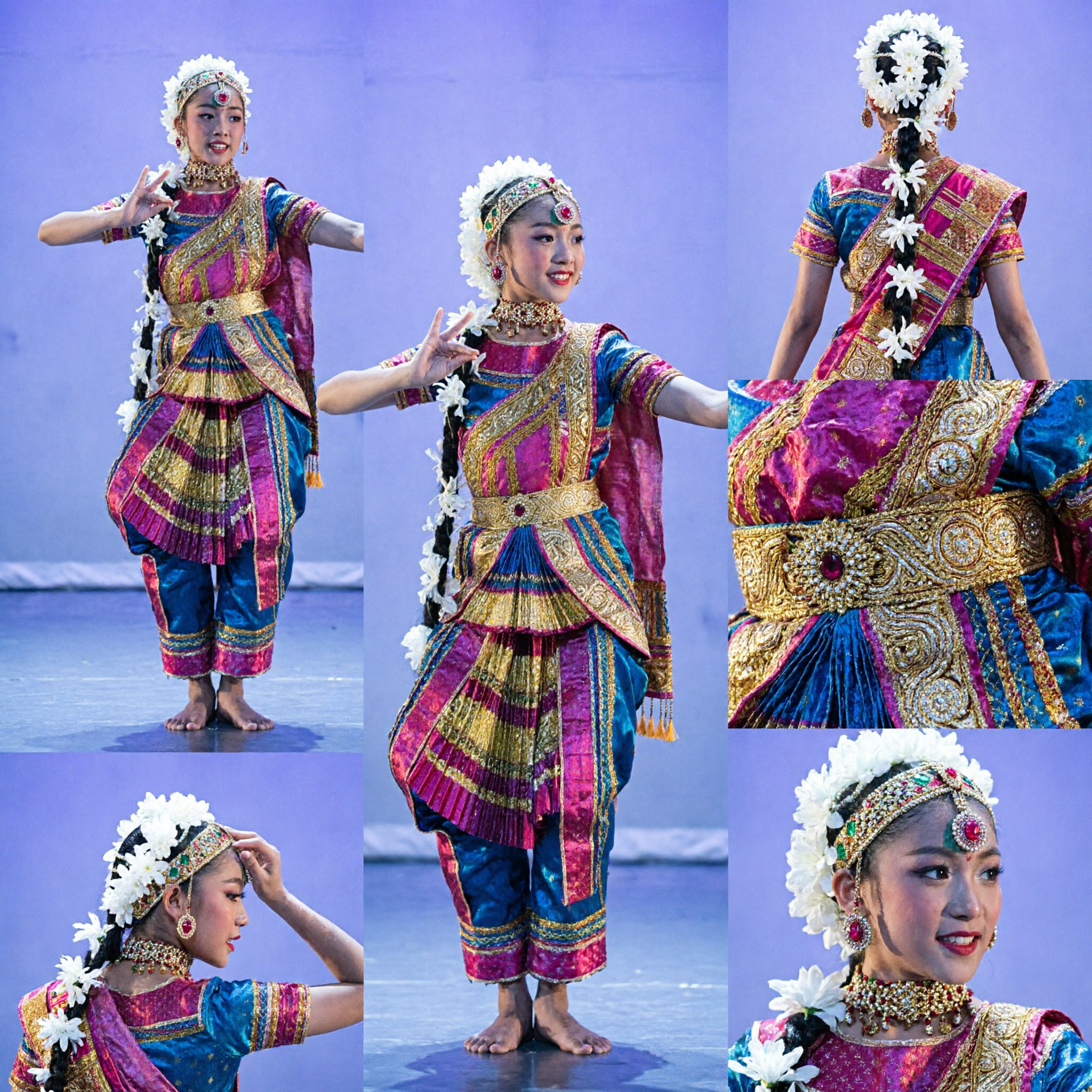 伝統的中国民俗舞踊衣装 カラフル舞台演舞衣装 ヘッドピース付き 女性用 - Asian Costume