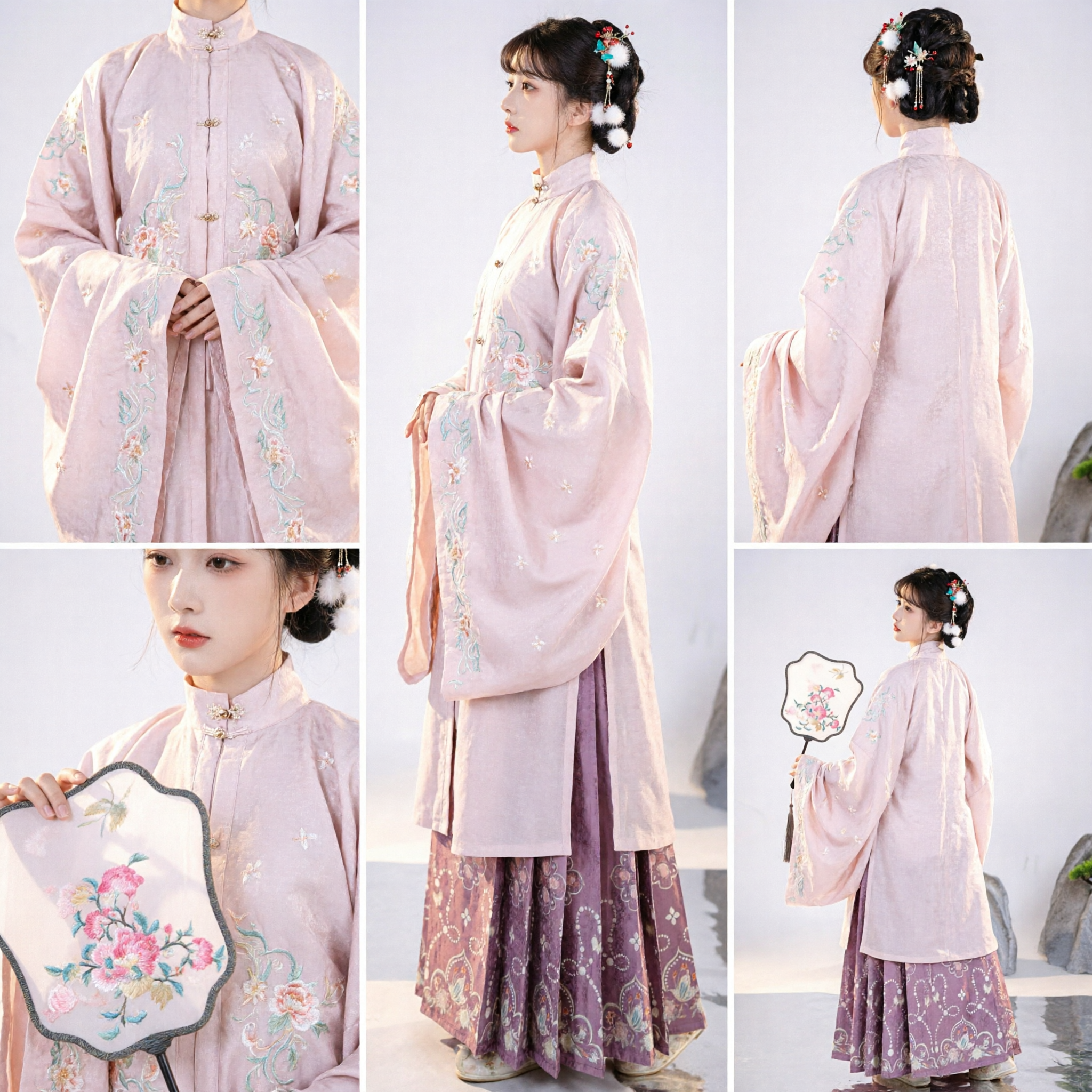 Hanfu traditionnel chinois de la dynastie Ming - Haut rose brodé et jupe violette florale, costume ancien pour femmes - Asian Costume