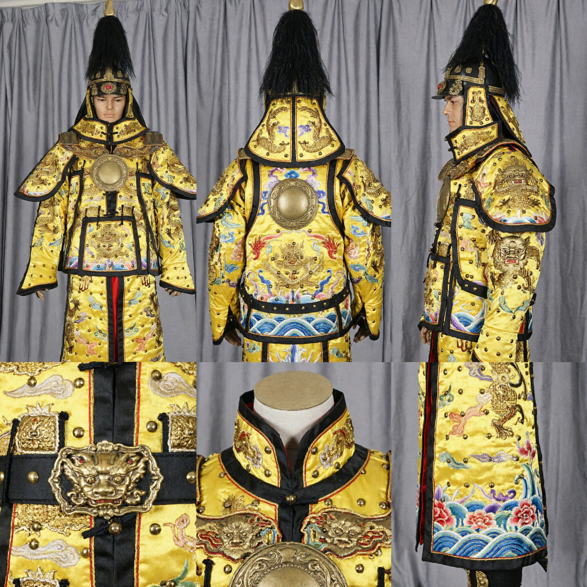 Męski tradycyjny chiński starożytny kostium generała – żółta zbroja smoka, kompletny zestaw z hełmem do cosplayu - Asian Costume