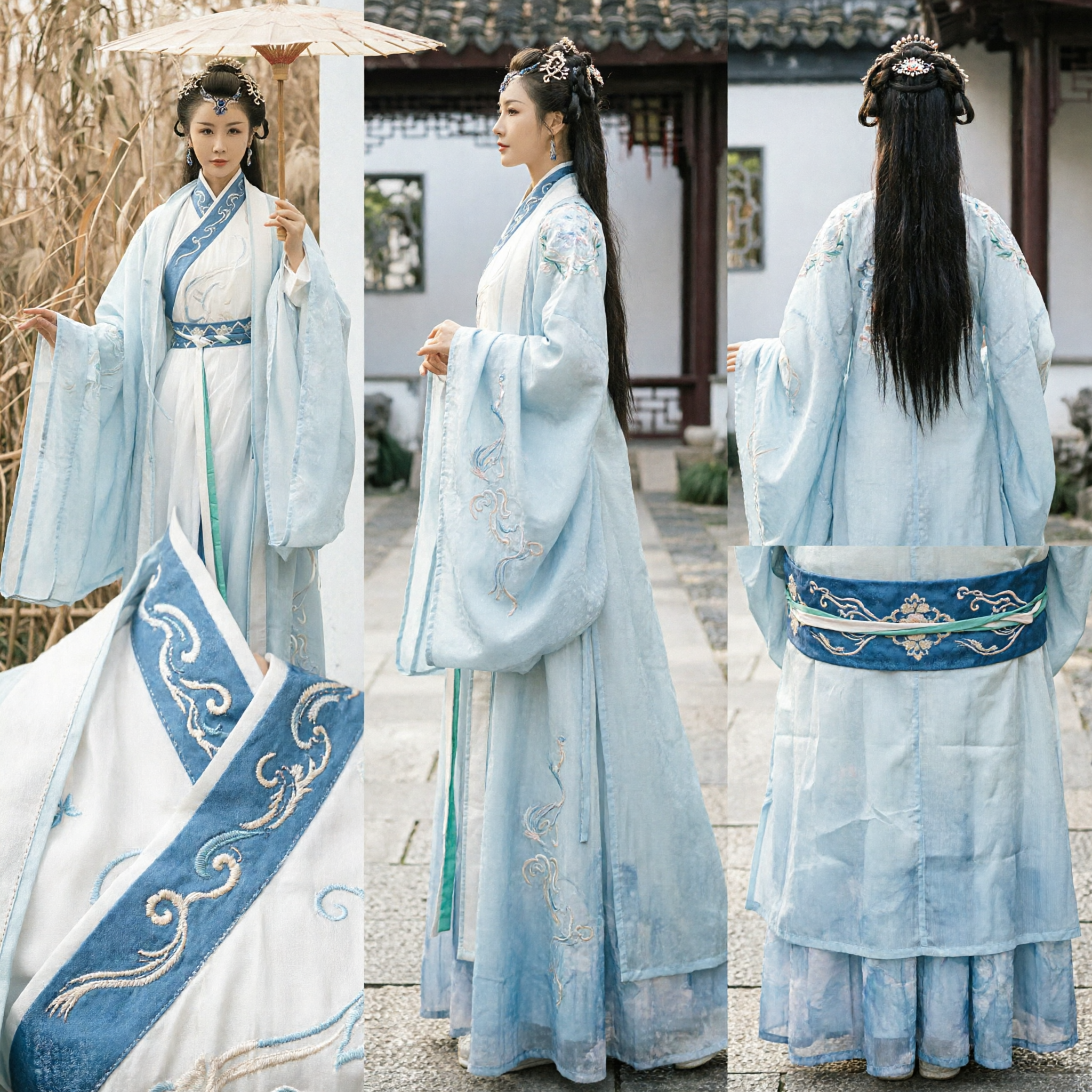 Costume Hanfu ancien chinois bleu et blanc pour femmes - Robe de fée de la dynastie Tang brodée, tenue de cosplay - Asian Costume