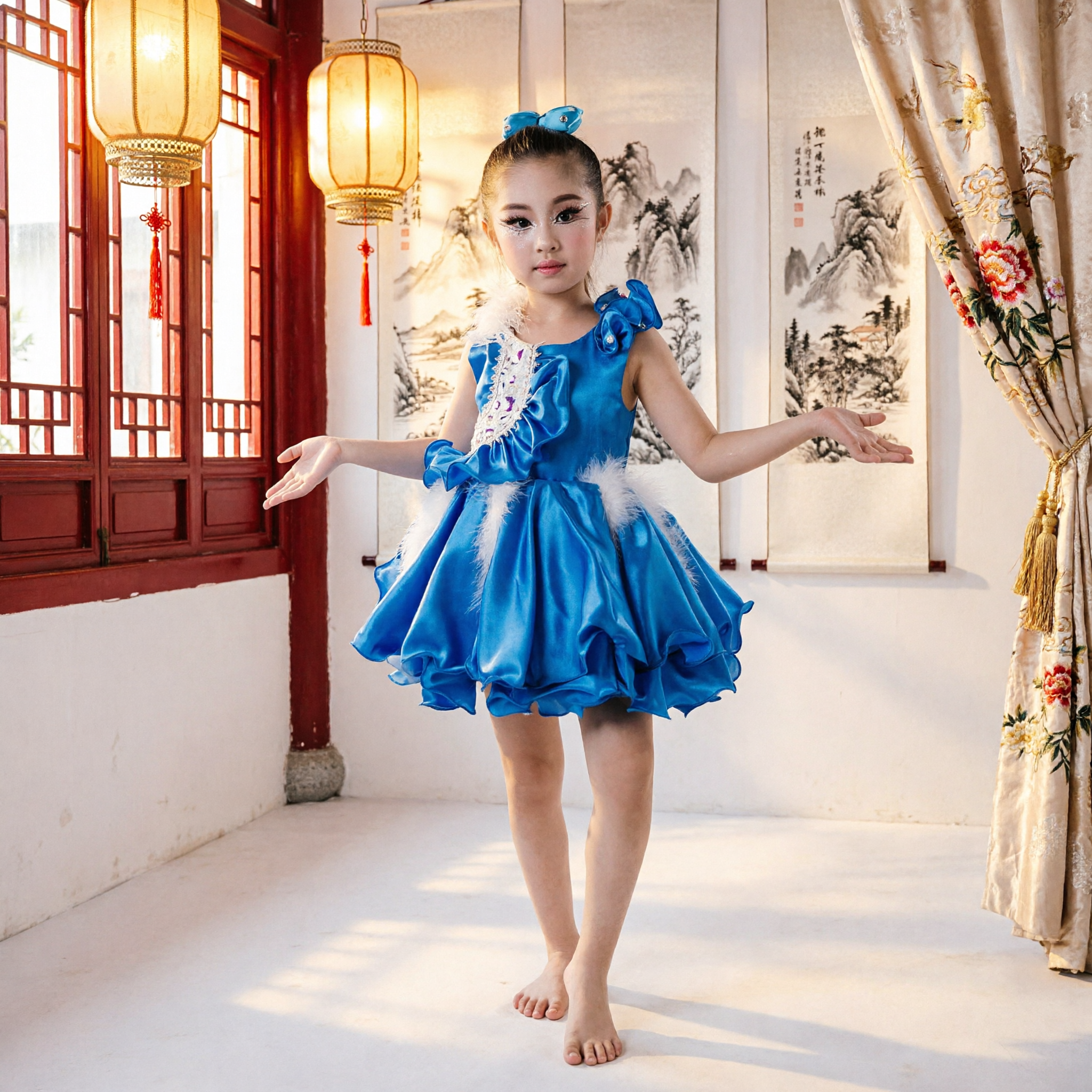 Girls Blue Satin Dance Costume with Feathers for Stage Performance Latin Jazz Recital Dress - Asian Costume