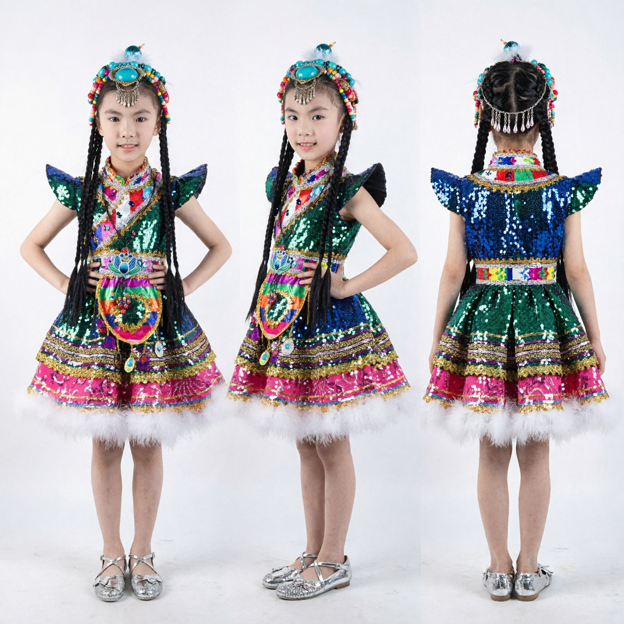 子供用中国伝統少数民族舞踊衣装 スパンコール舞台用ドレス ヘッドピース付き 女の子向け - Asian Costume