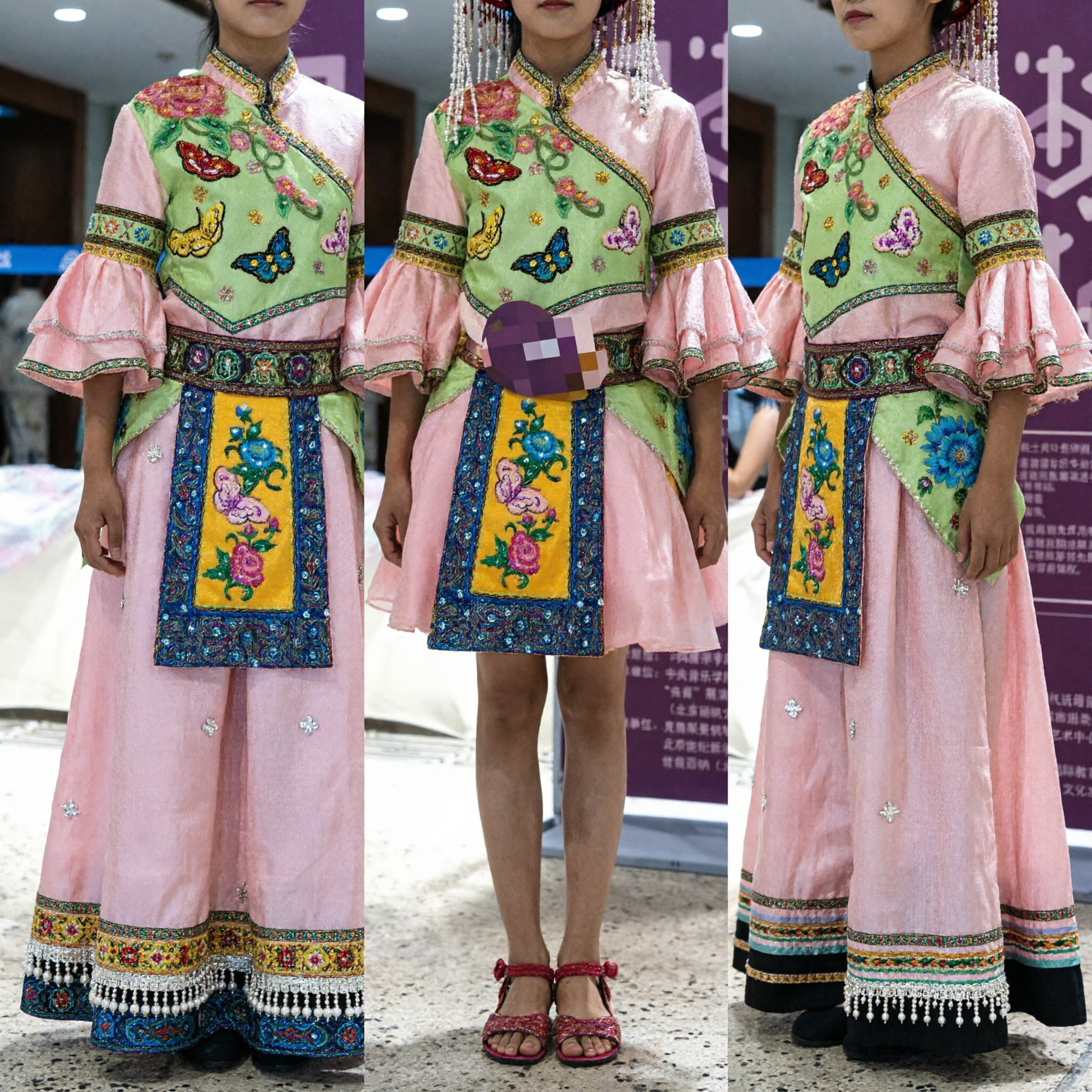 Traditioneel Chinees Kinderen Geborduurde Qipao Jurk Roze Groen Vlinder Hanfu Kostuum voor Podiumoptreden - Asian Costume