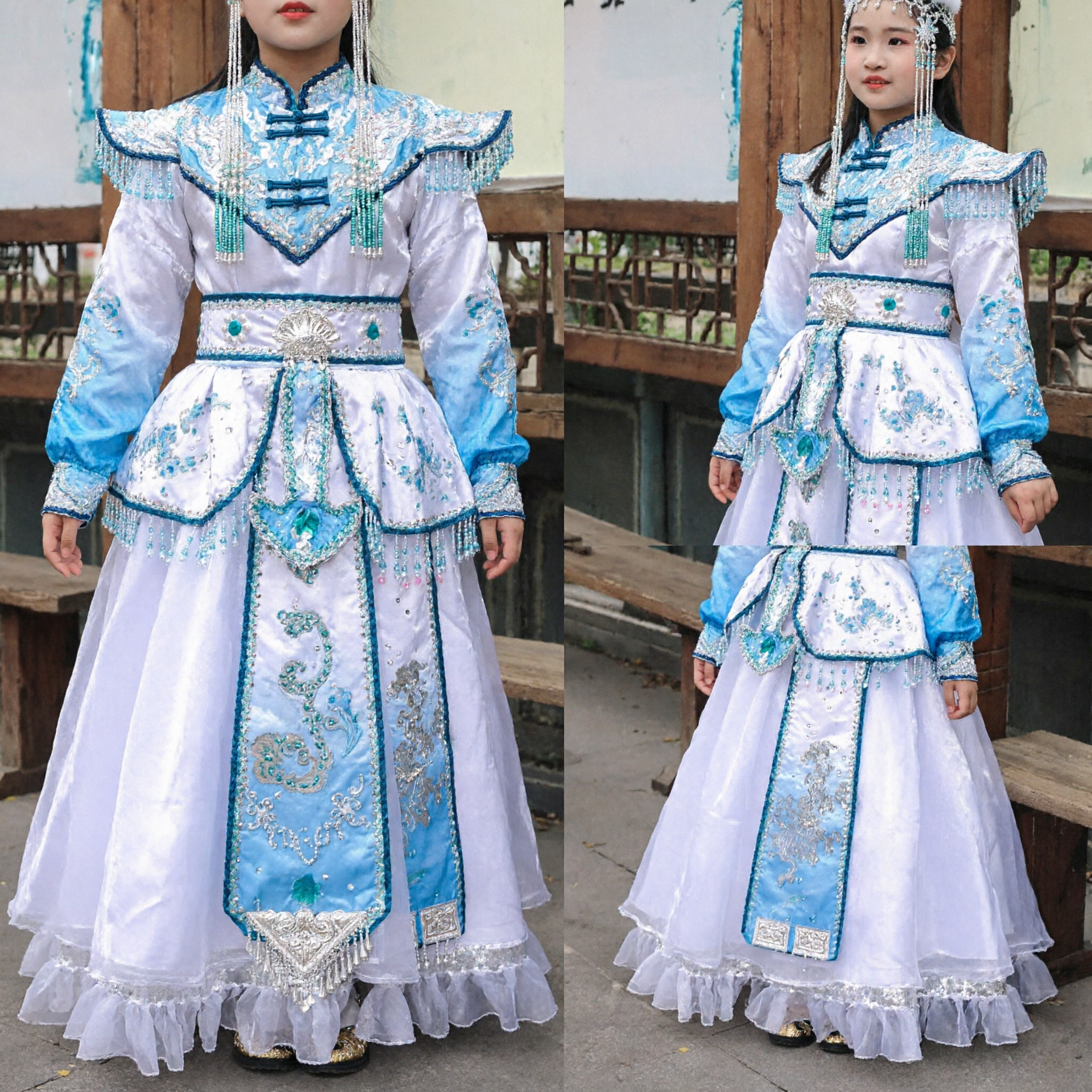 Kinder Traditionelles Chinesisches Mongolisch-Ethnisches Tanzkostüm Weiß Blau Aufführungskleid für Mädchen Bühnenbekleidung - Asian Costume