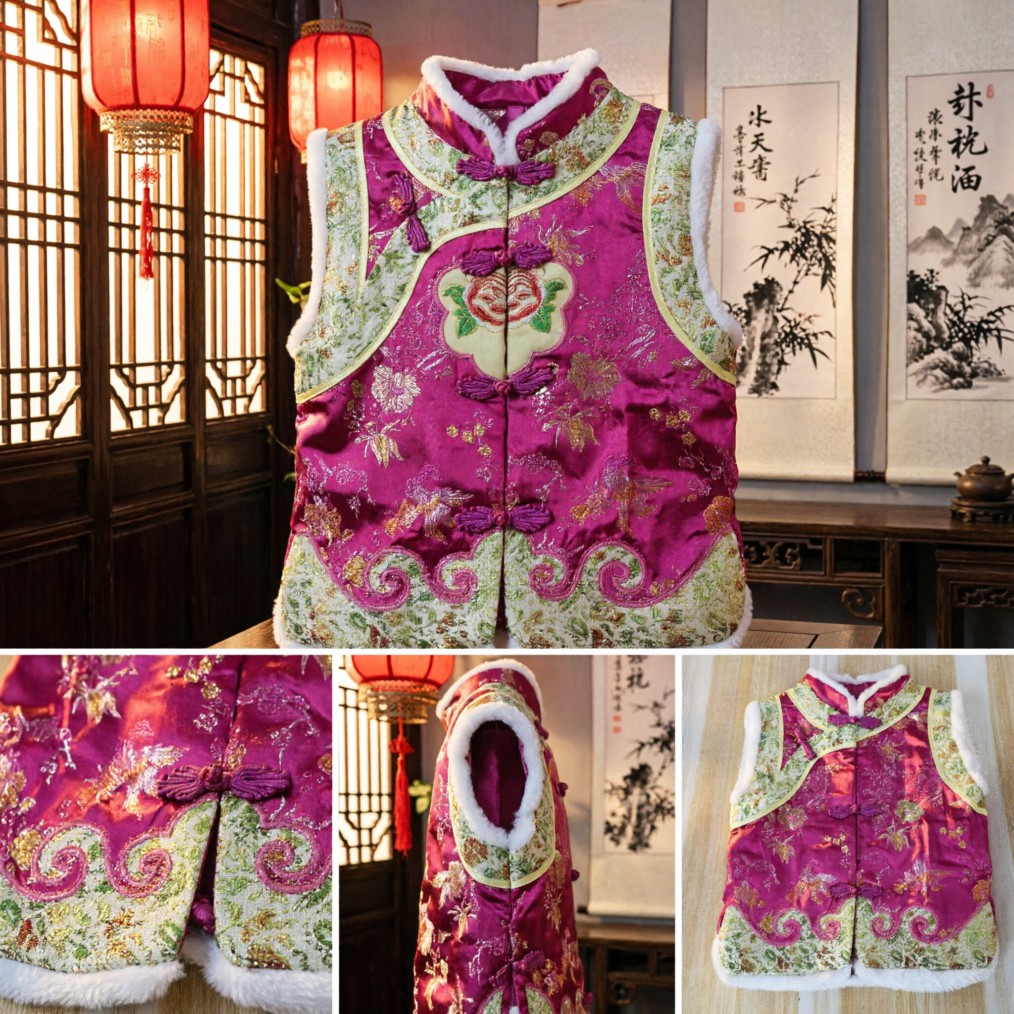 Gilet tradizionale cinese in seta rosa Tang con fodera in pelliccia e ricamo floreale per bambini per il Capodanno - Asian Costume