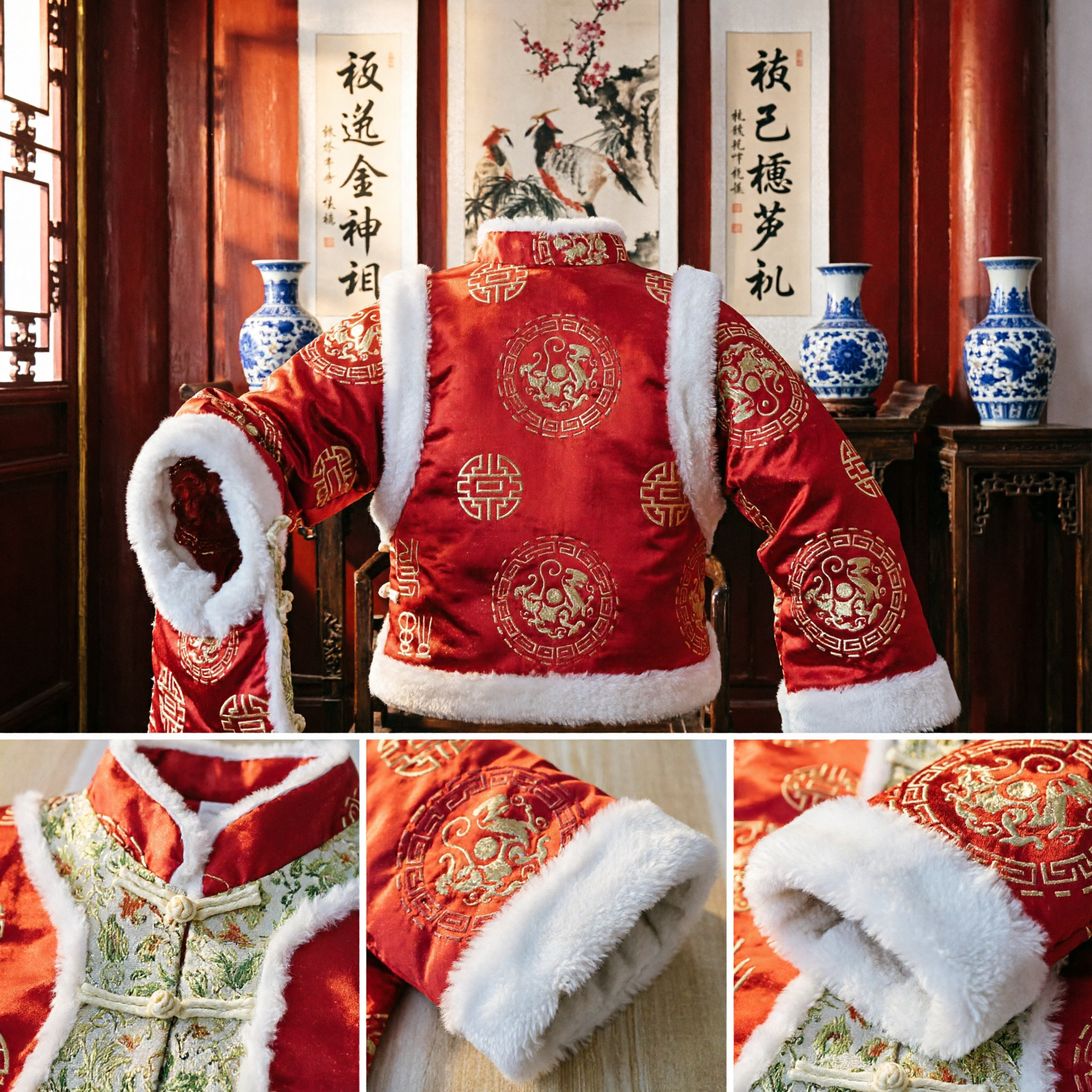 Gilet tradizionale cinese per neonati Tang rosso ricamato con bordi in pelliccia, panciotto caldo invernale per il Capodanno - Asian Costume