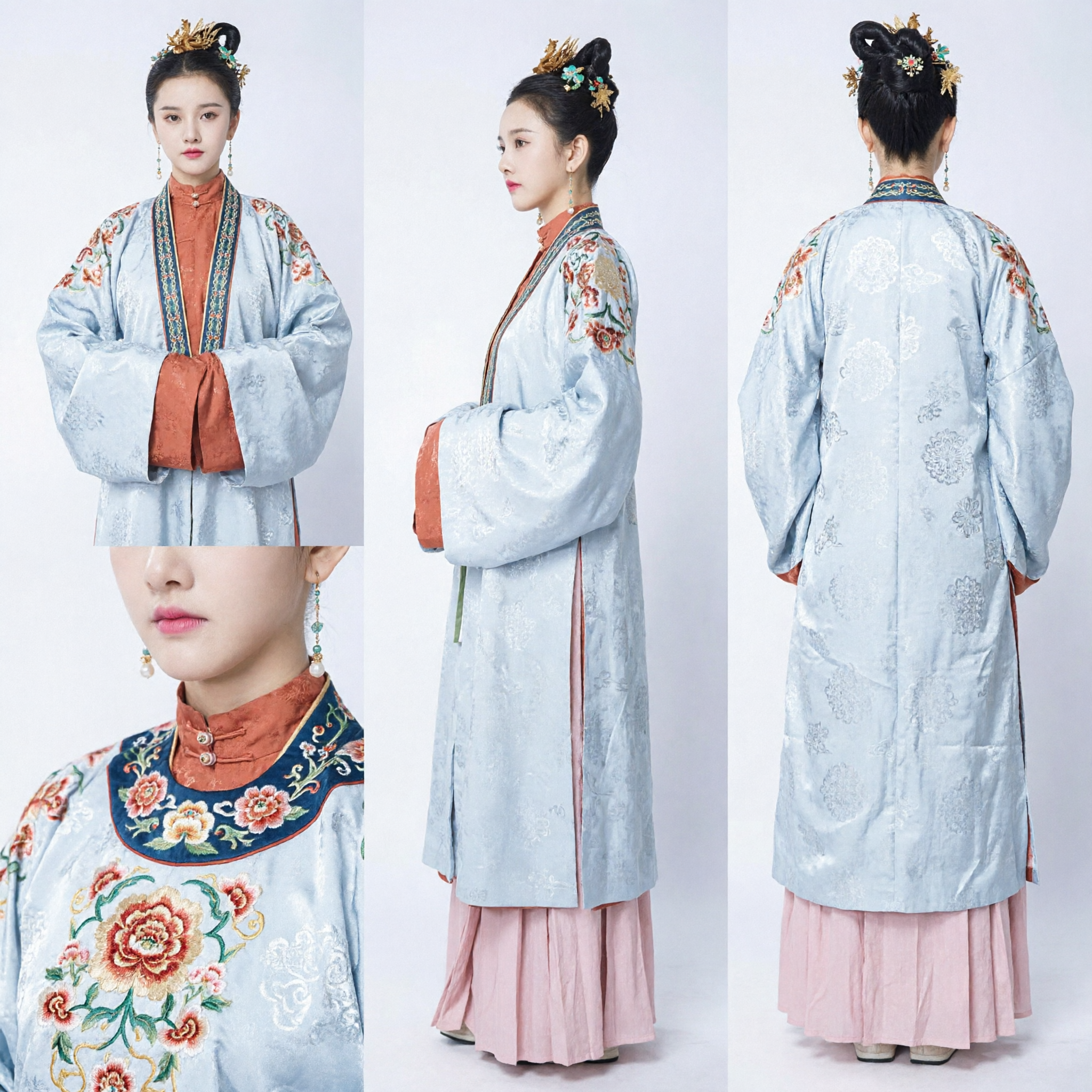Traditioneel Chinese Hanfu Ming Dynastie Kostuum Blauw Bloemenborduurwerk Lange Gewaad en Roze Rok Set - Asian Costume