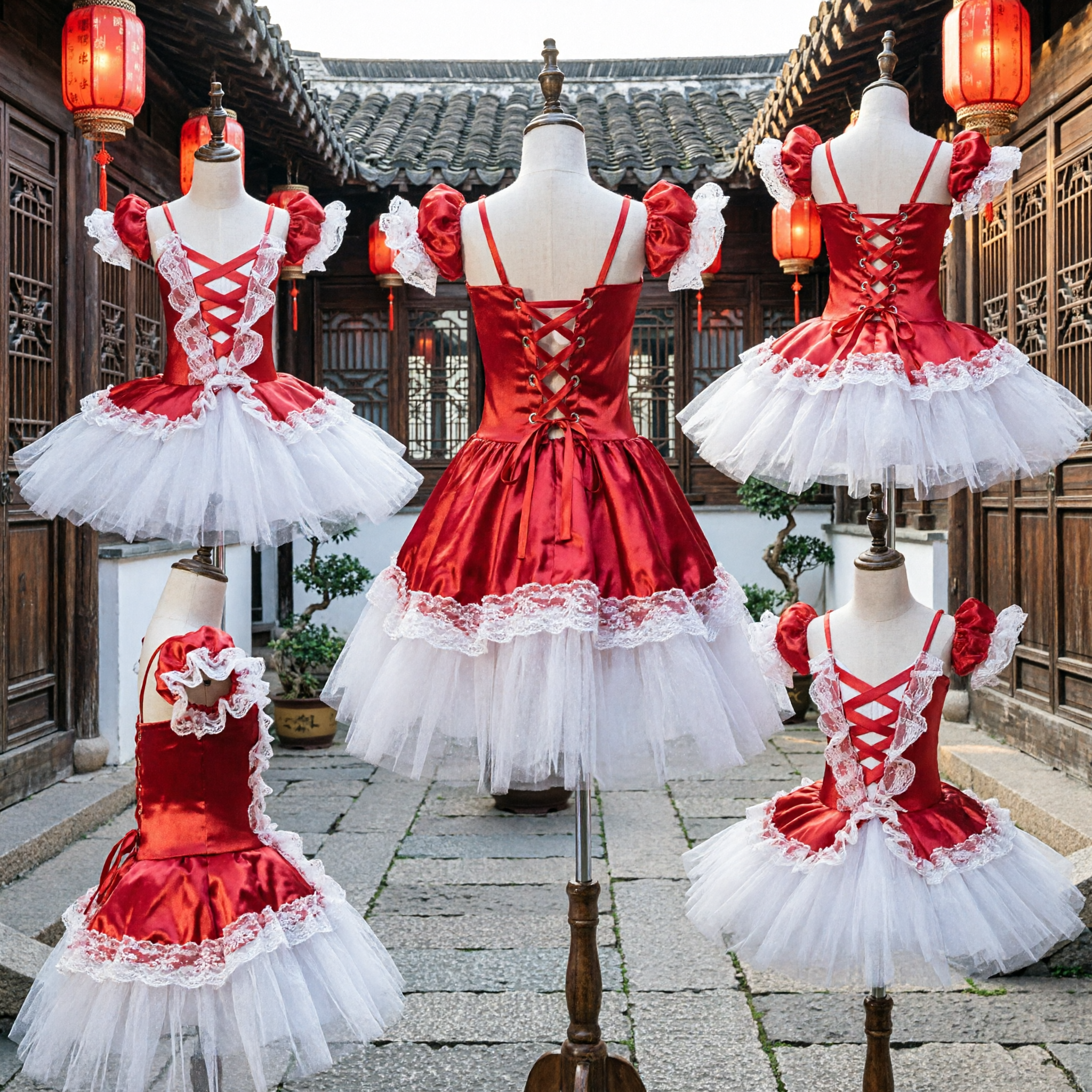Rotes und weißes Spitzen-Ballett-Tutu-Kleid, Mädchen-Märchenprinzessinnen-Kostüm für Tanzvorspiele - Asian Costume