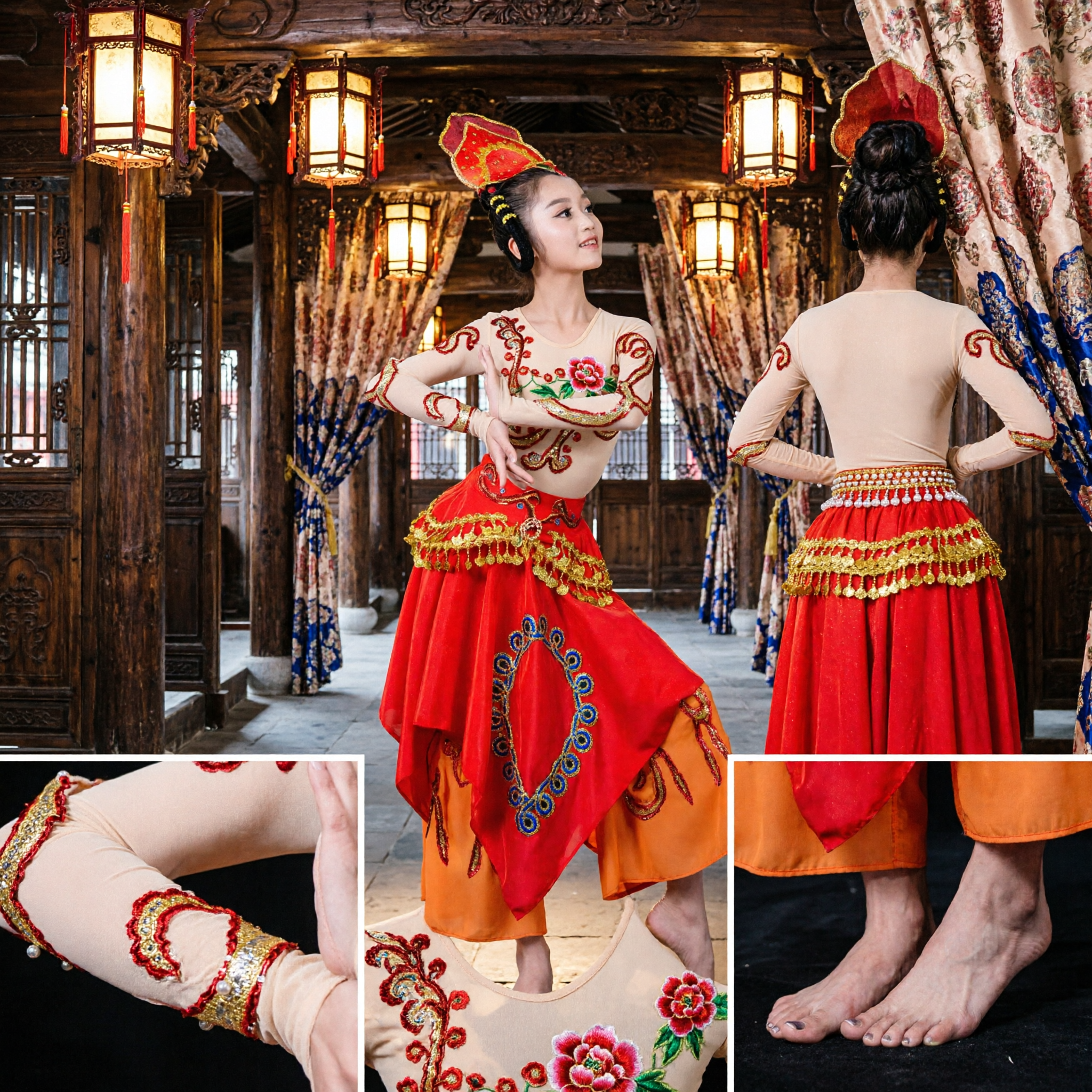 Costume de danse ethnique traditionnel chinois, robe de spectacle sur scène brodée rouge et or pour filles - Asian Costume