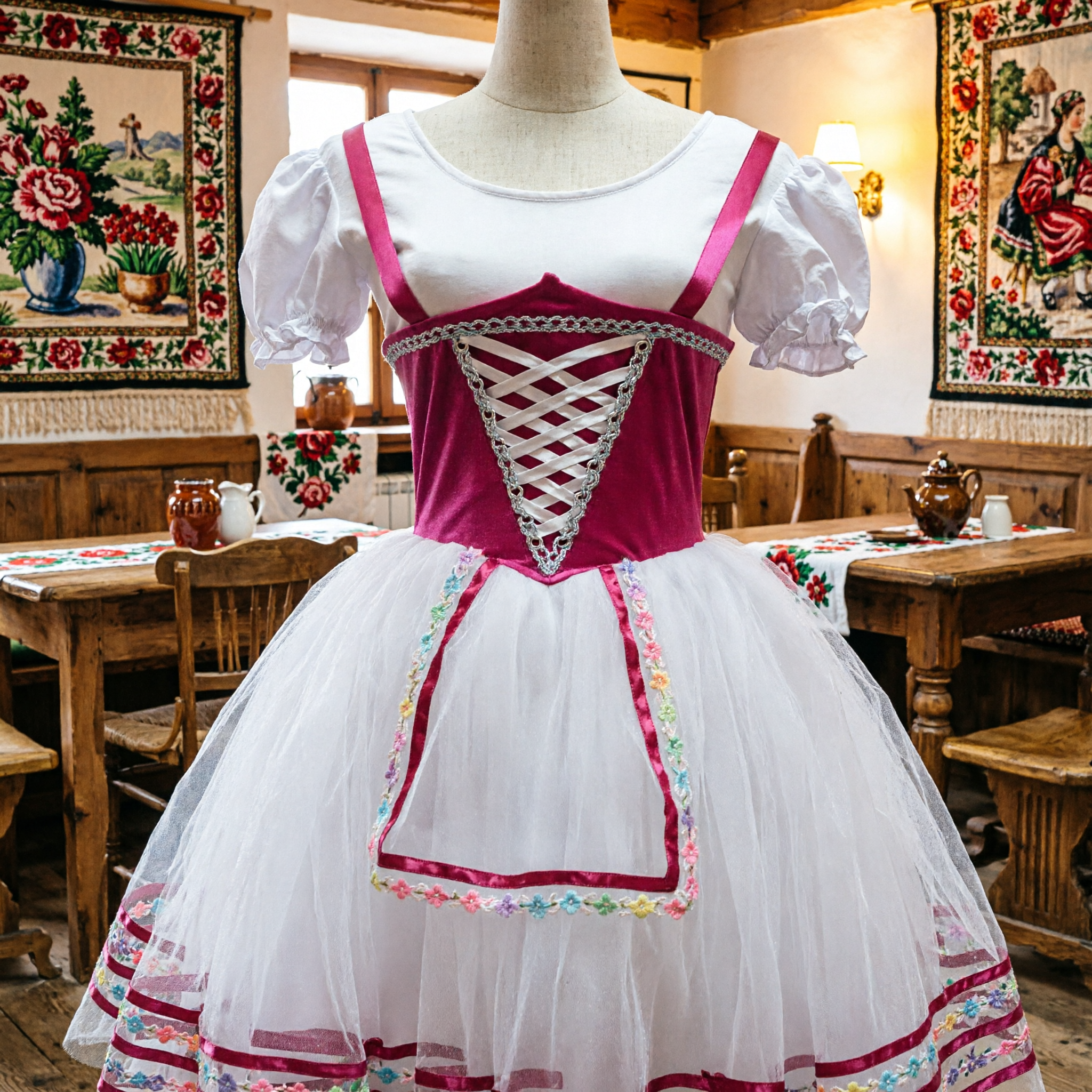 Women's Pink and White Peasant Dirndl Dress German Oktoberfest Costume for Renaissance Fair Halloween Party - Asian Costume