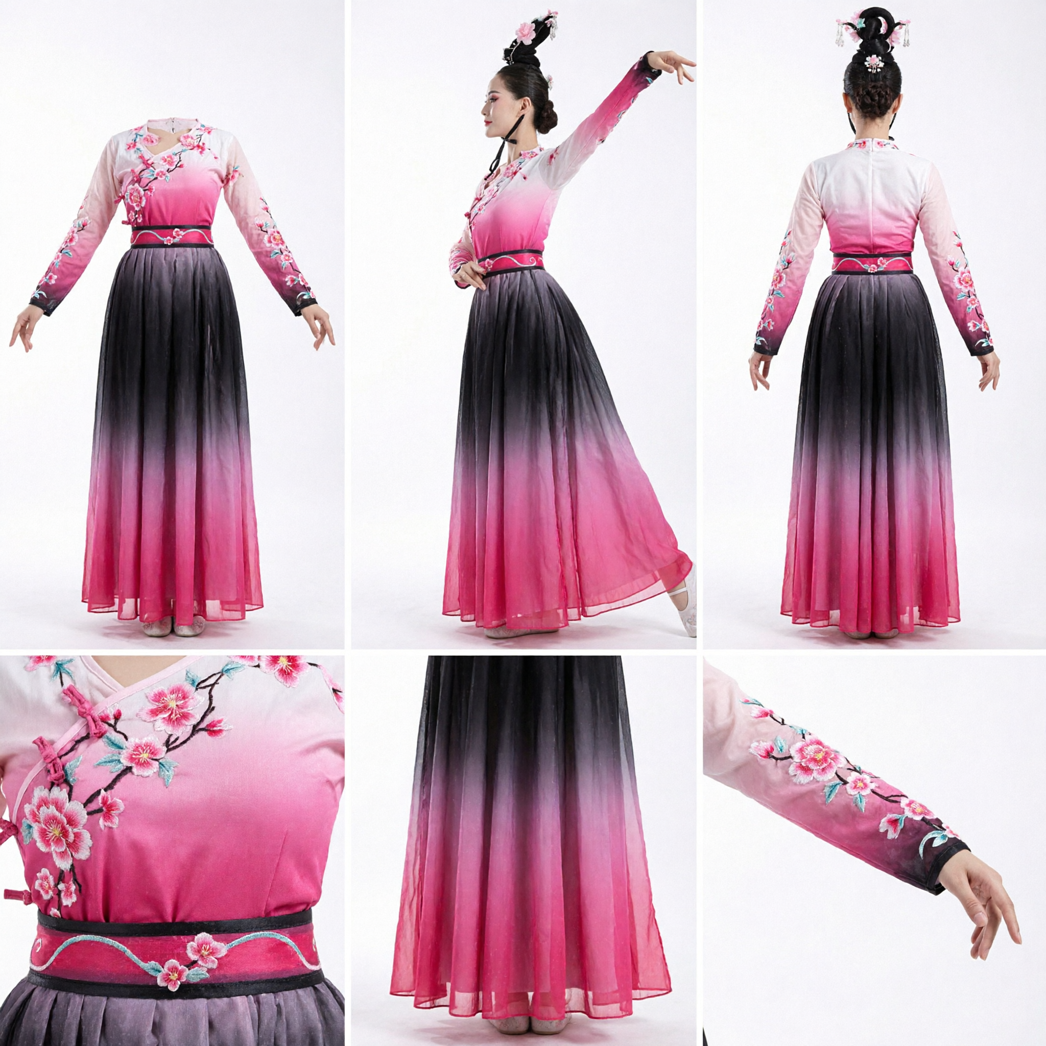 Traditionelles chinesisches klassisches Tanzkostüm, Damen-Rosa-Verlauf-Stickereikleid für Bühnenaufführungen und Volkstracht - Asian Costume