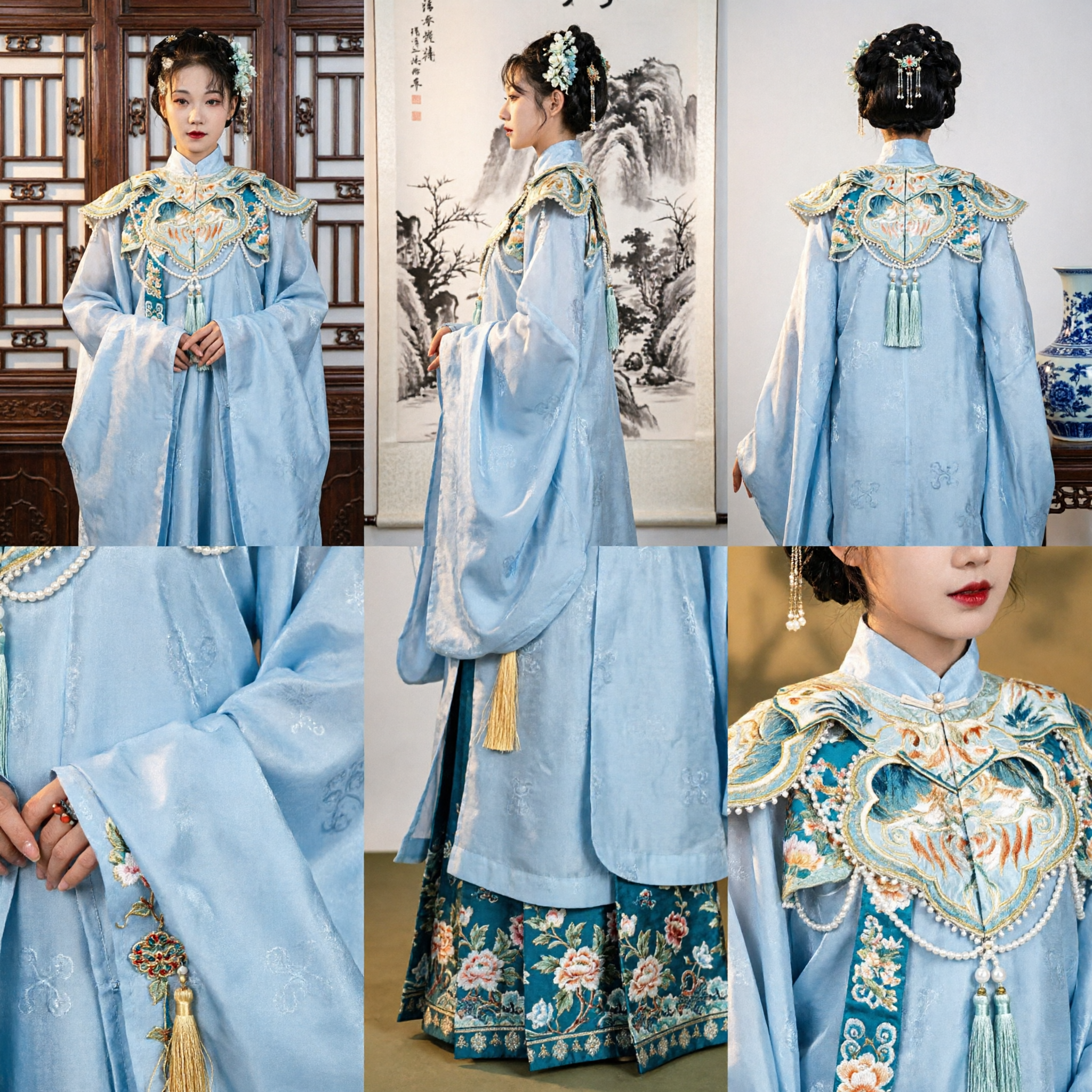 Elegancki Niebieski Tradycyjny Chiński Strój Hanfu Starożytna Hafciana Szata z Dynastii Ming Suknia dla Kobiet do Fotografii - Asian Costume