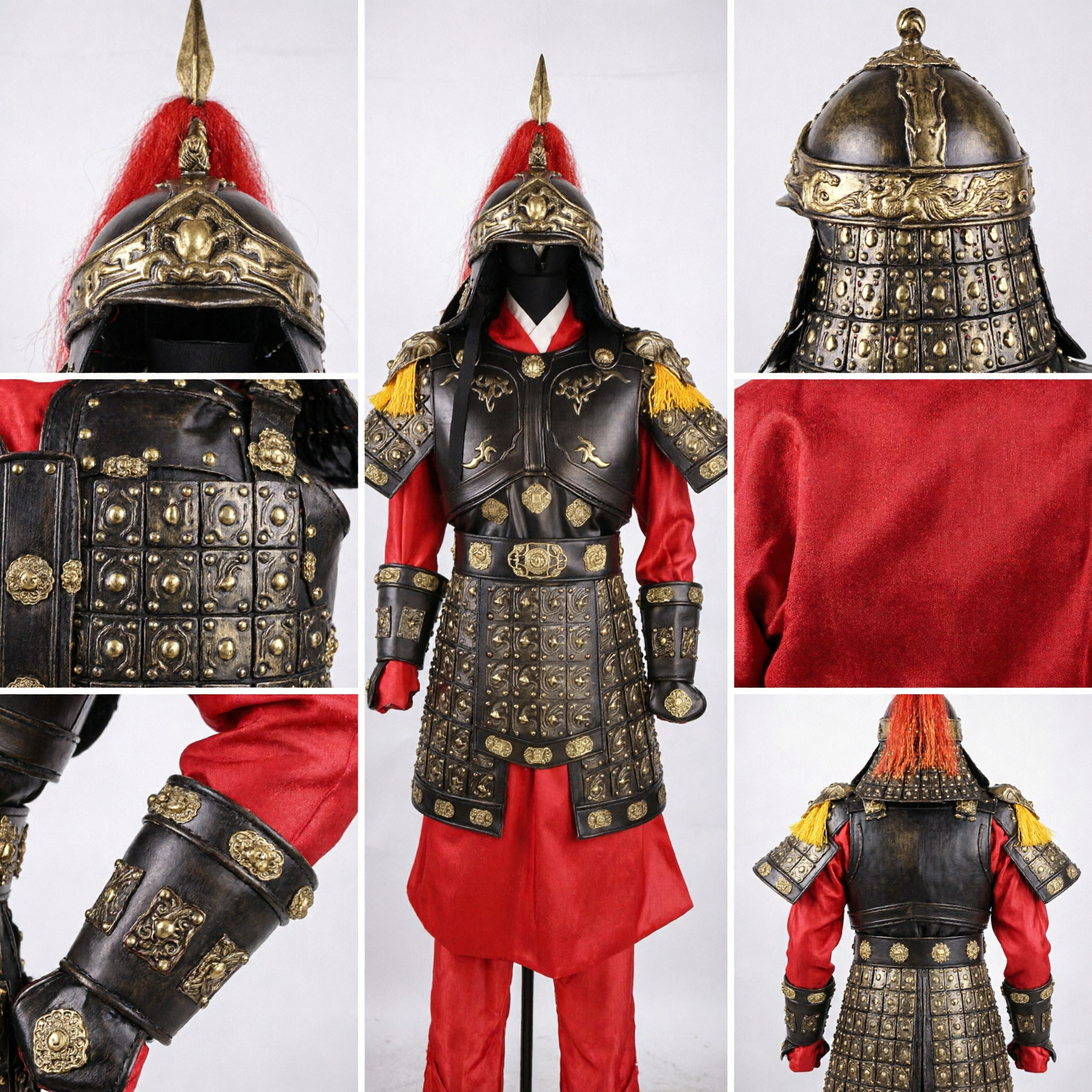 고대 중국 장군 전사 갑옷 코스프레 의상 헬멧 포함 완전 세트 검정 가죽 기사 복장 남성용 - Asian Costume