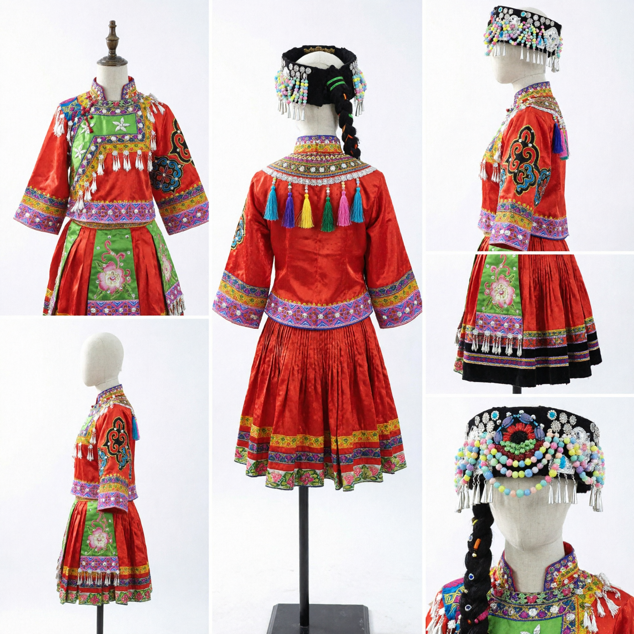 Traditionelles Chinesisches Miao-Minderheit Rotes Stickerei-Kostüm mit Kopfschmuck für Frauen Volkstanz-Festival-Auftritt - Asian Costume