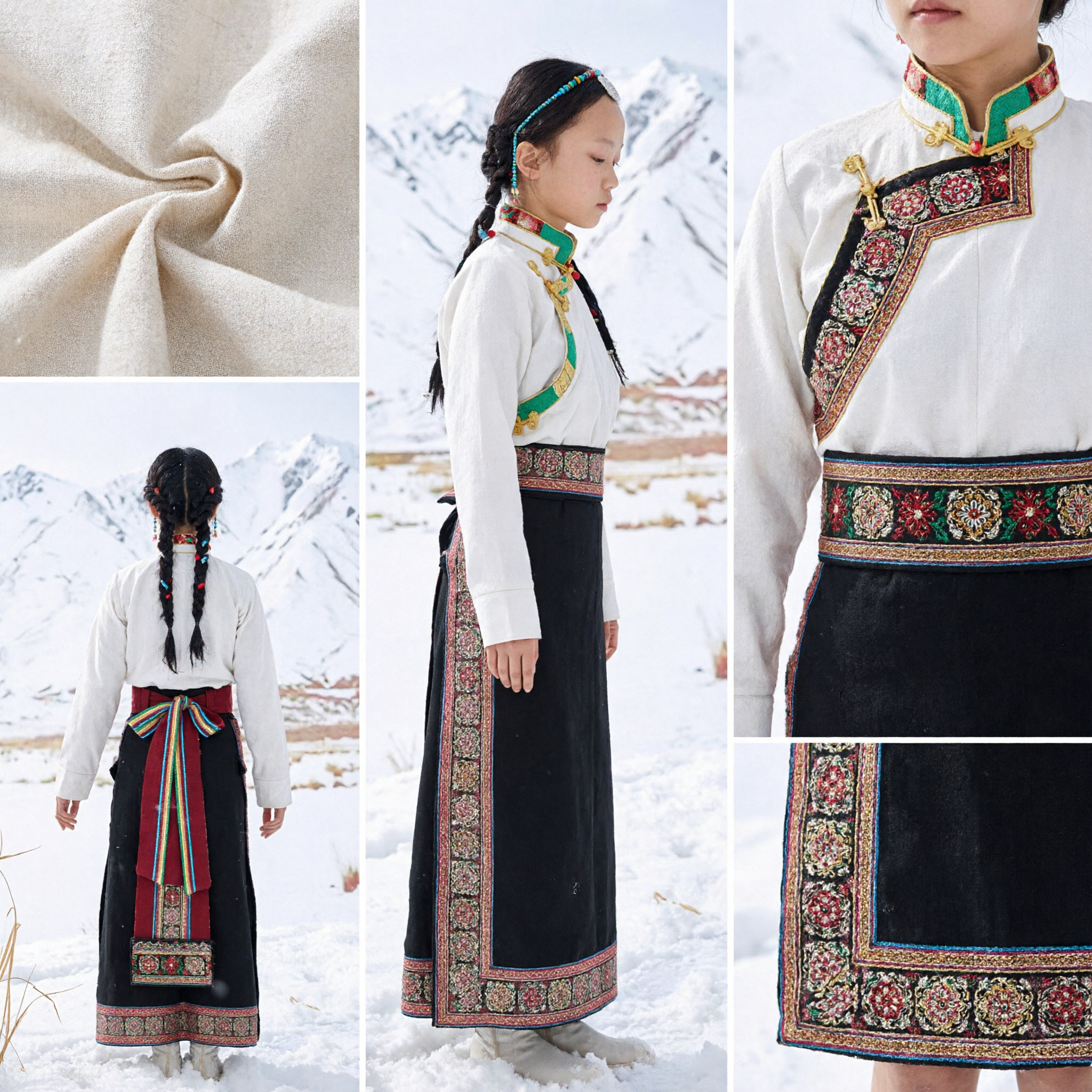 Traje Étnico Tibetano Tradicional para Mulheres, Conjunto de Vestido Folclórico de Dança com Saia Preta Bordada e Blusa Branca - Asian Costume