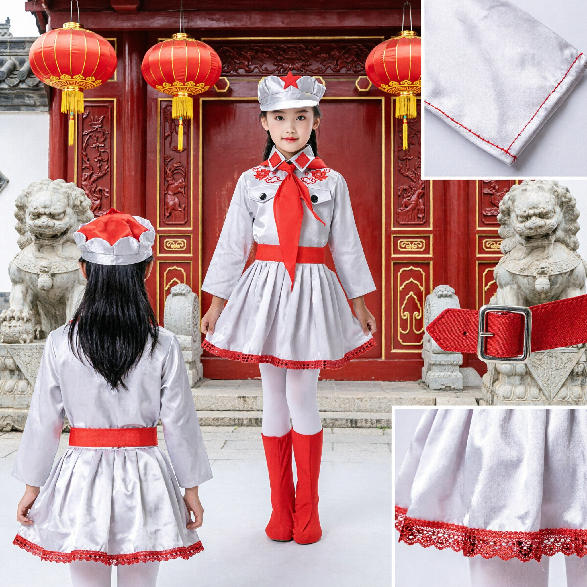 Meisjes Chinese Rode Leger Soldaat Kostuum Kinderen Militair Uniform Podiumoptreden Dans Outfit met Rode Sjaal - Asian Costume