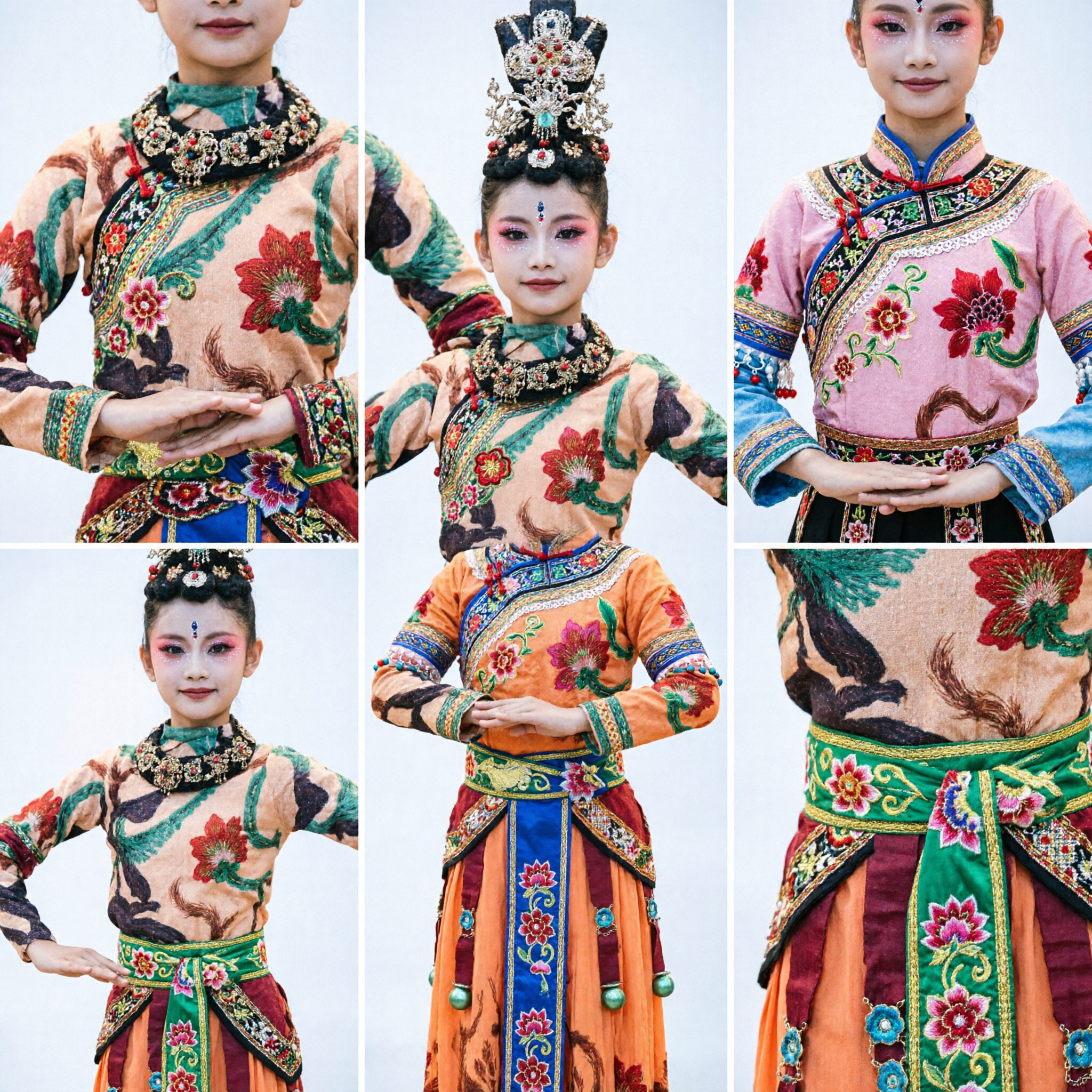 Traditioneel Chinees Dunhuang-danskostuum voor kinderen - Meisjes podiumoptreden etnische volksjurk met hoofdtooi - Asian Costume