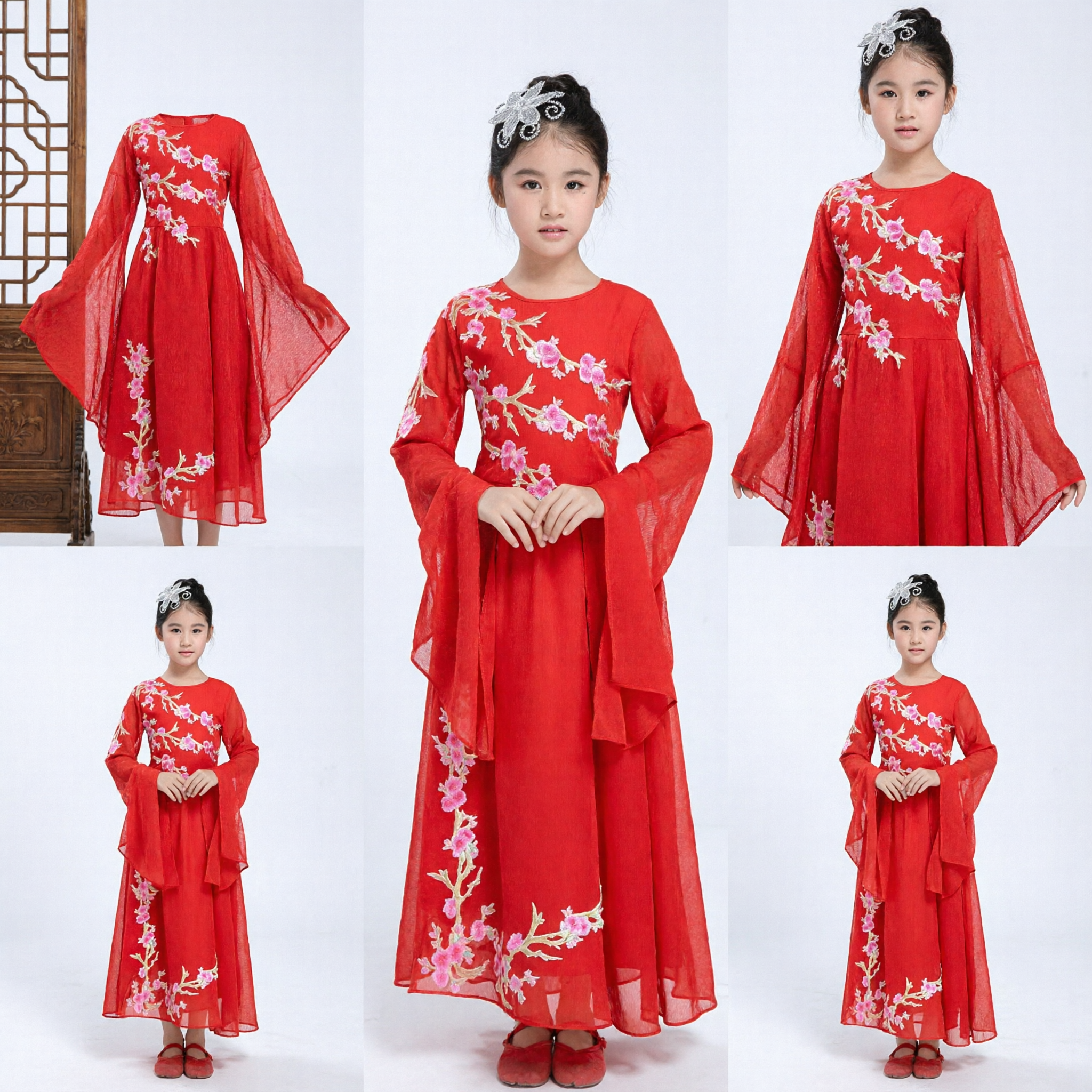 Vestido Tradicional Chino Hanfu Rojo para Niñas Traje de Danza en Escenario con Bordado Floral para Niños - Asian Costume