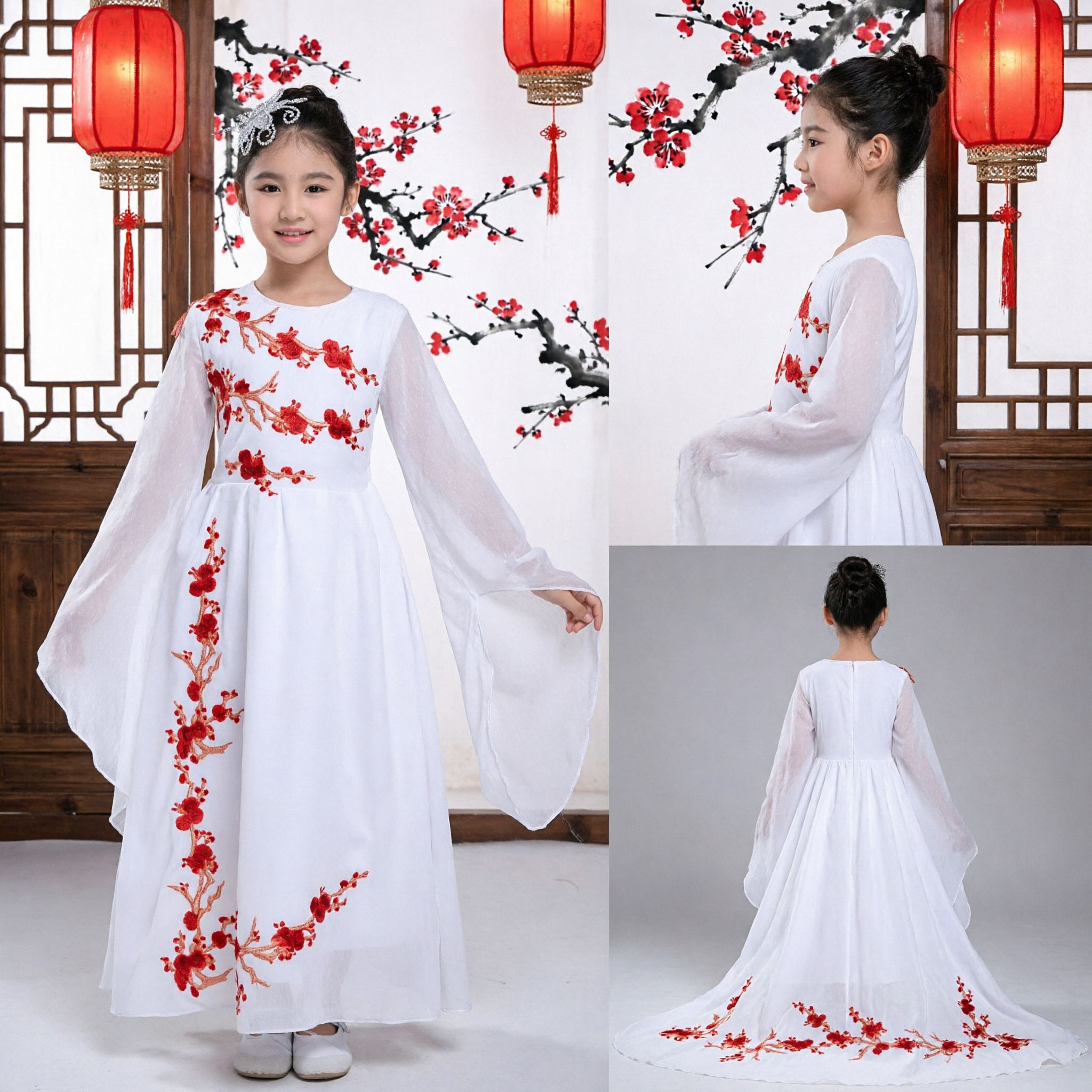 Traje de Danza Tradicional Chino para Niñas Vestido Blanco con Bordado Floral Rojo y Mangas Largas Acuáticas para Presentación - Asian Costume