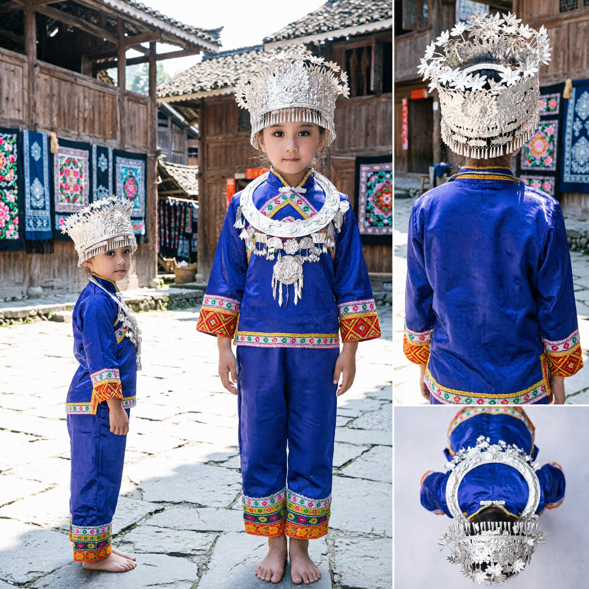Traditionelles Miao-Ethnien-Kostüm für Mädchen Blaues besticktes Tanzoutfit mit Silberschmuck für Kinder Bühnenauftritte - Asian Costume