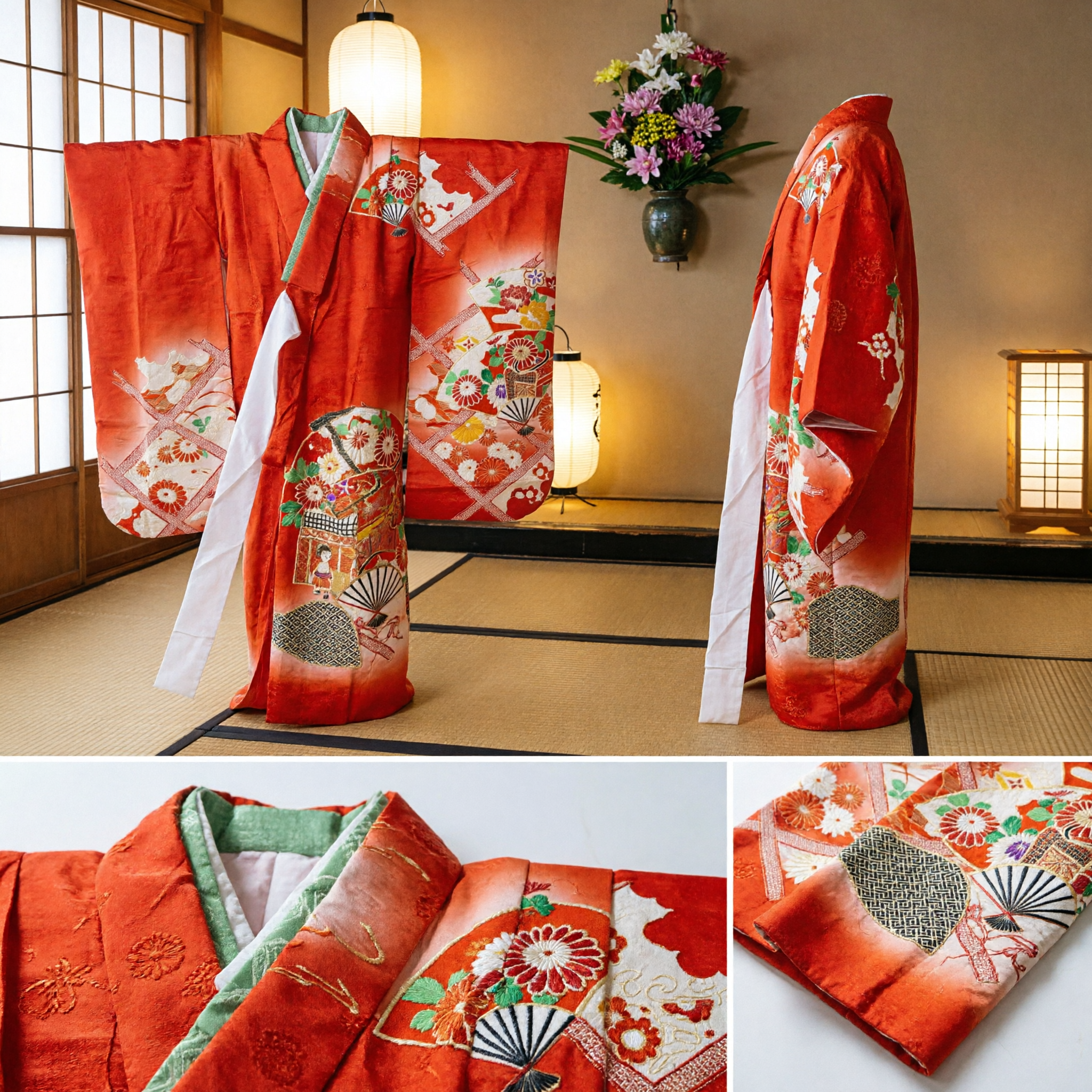 Traditionele Japanse Oranje Furisode Kimono met Bloem- en Waaiermotieven voor Vrouwen, voor Dans- en Festivaloptredens - Asian Costume