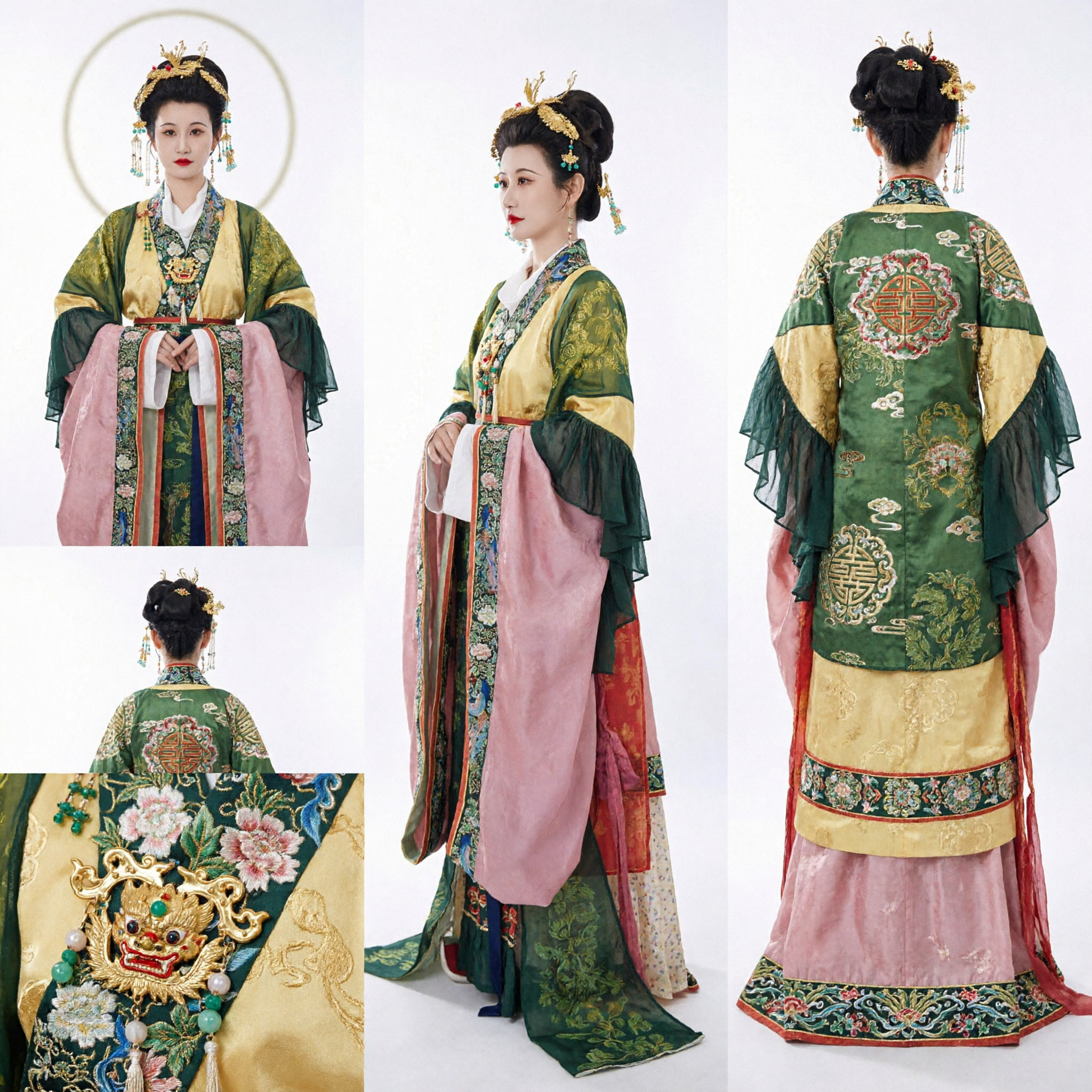 Traje Hanfu Tradicional Chinês da Dinastia Tang para Mulheres Vestido Bordado Verde de Dama do Palácio Antigo - Asian Costume