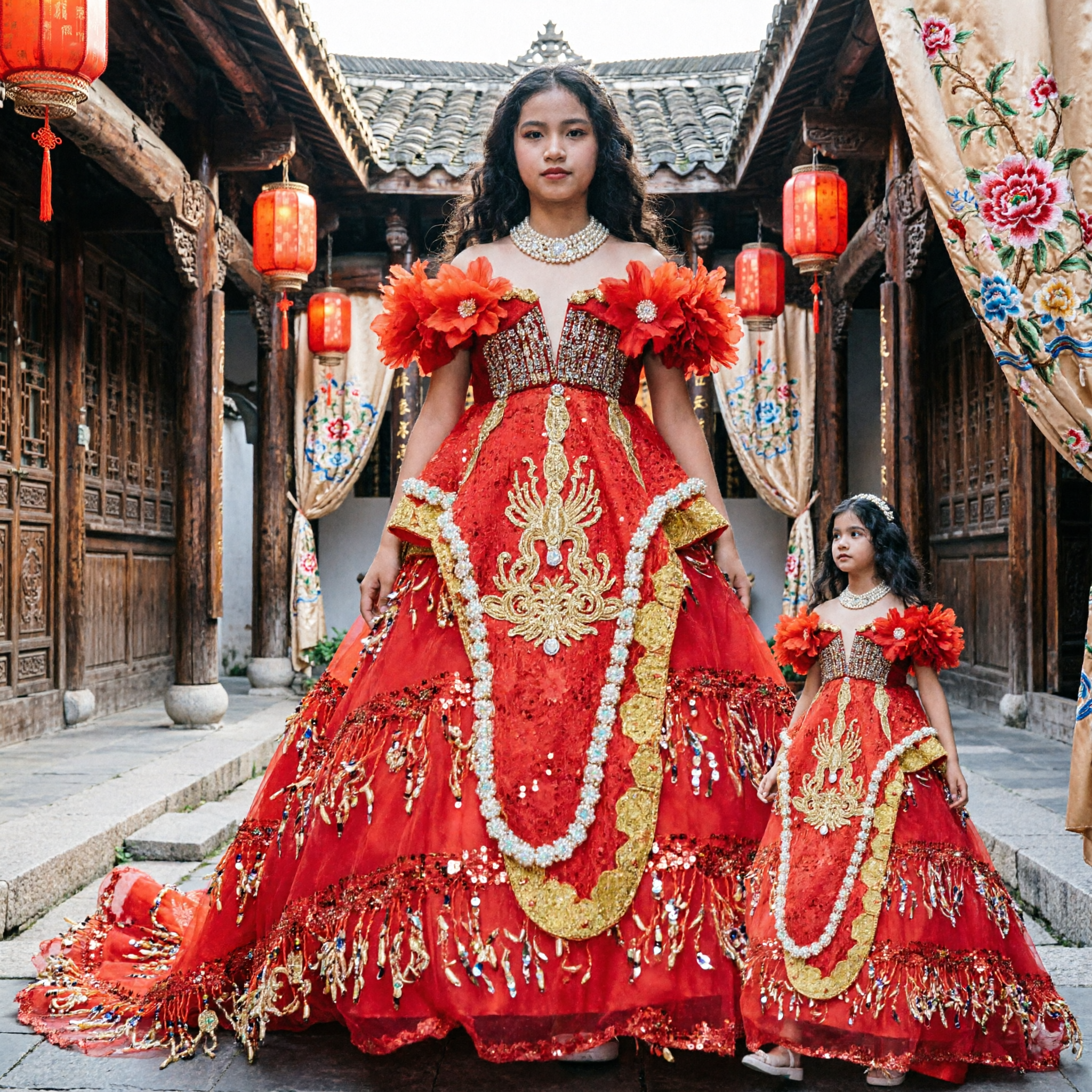 Vestido de Baile Vermelho para Performance no Palco Infantil, Vestido Formal Tradicional Chinês com Lantejoulas Douradas e Rendas - Asian Costume