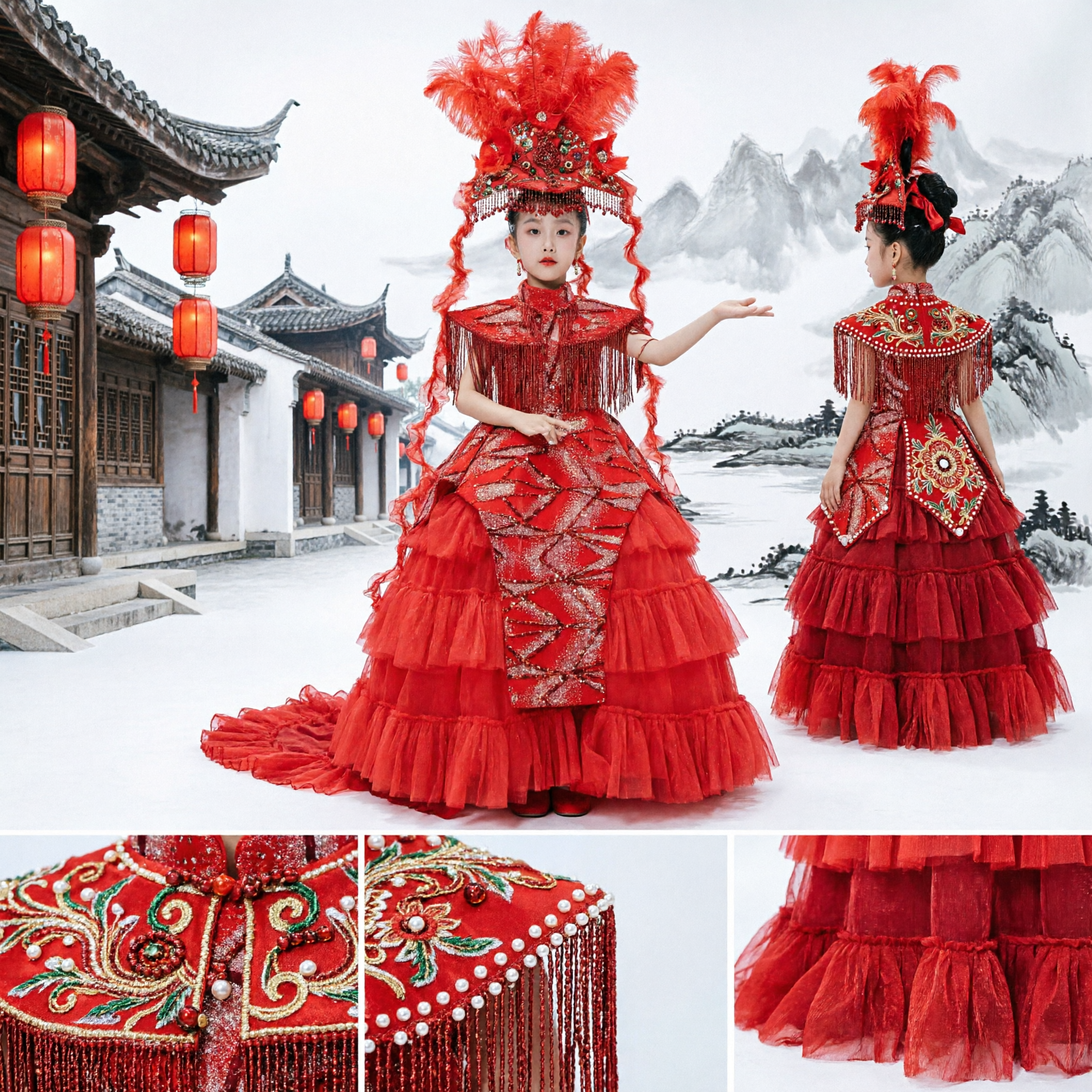 Costume de spectacle sur scène traditionnel chinois pour enfants, robe rouge avec coiffe à plumes pour spectacle de danse pour filles - Asian Costume