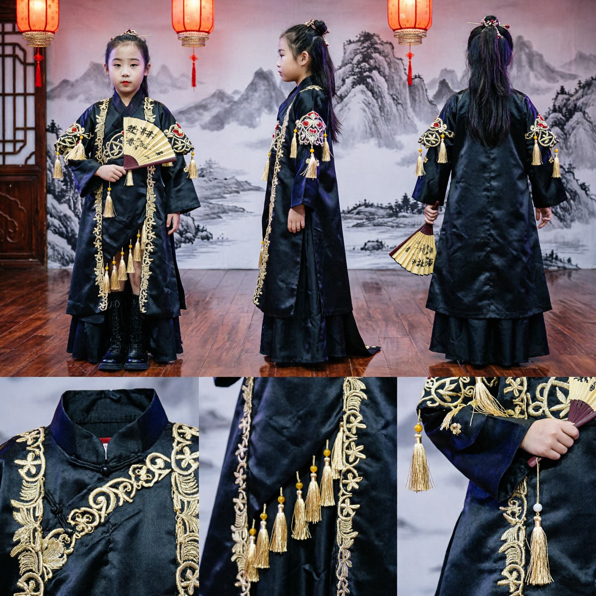 Traje Hanfu Chinês Antigo Preto Infantil, Veste Tradicional de Estudante Bordada com Leque para Performance no Palco - Asian Costume