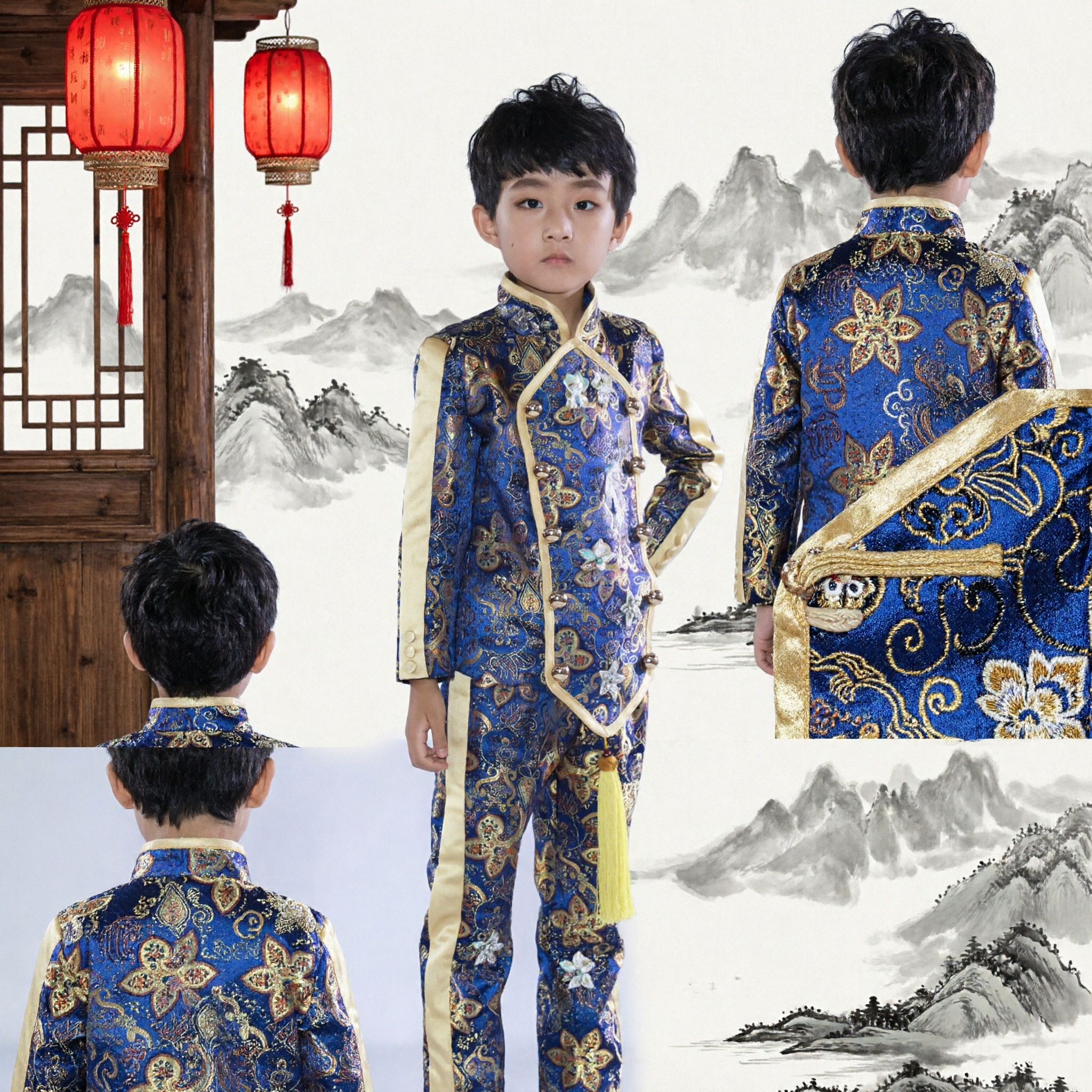 Chłopięcy tradycyjny chiński strój Tang Suit, niebieski brokatowy uniform kung fu ze smokiem na występy - Asian Costume
