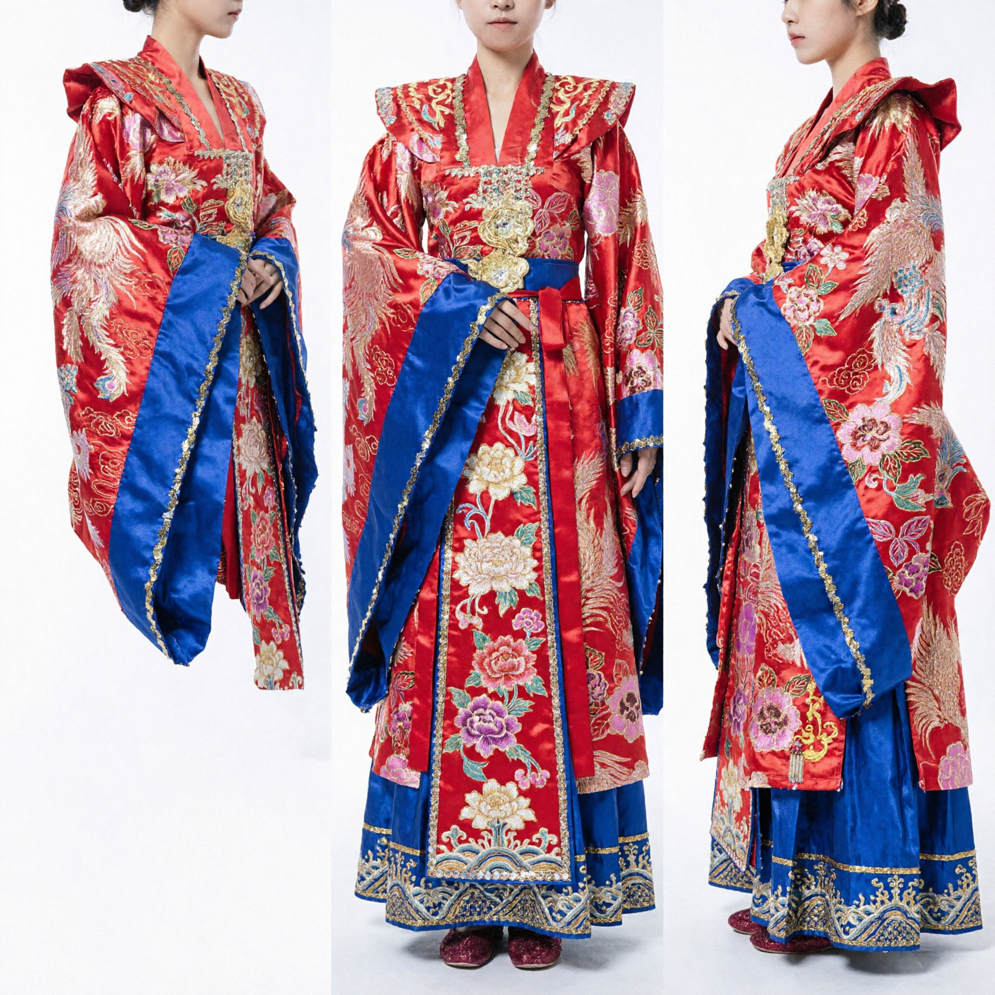 Traje Hanfu de Princesa do Palácio Antigo Tradicional Chinês Vermelho e Azul com Bordado de Fênix para Crianças - Asian Costume