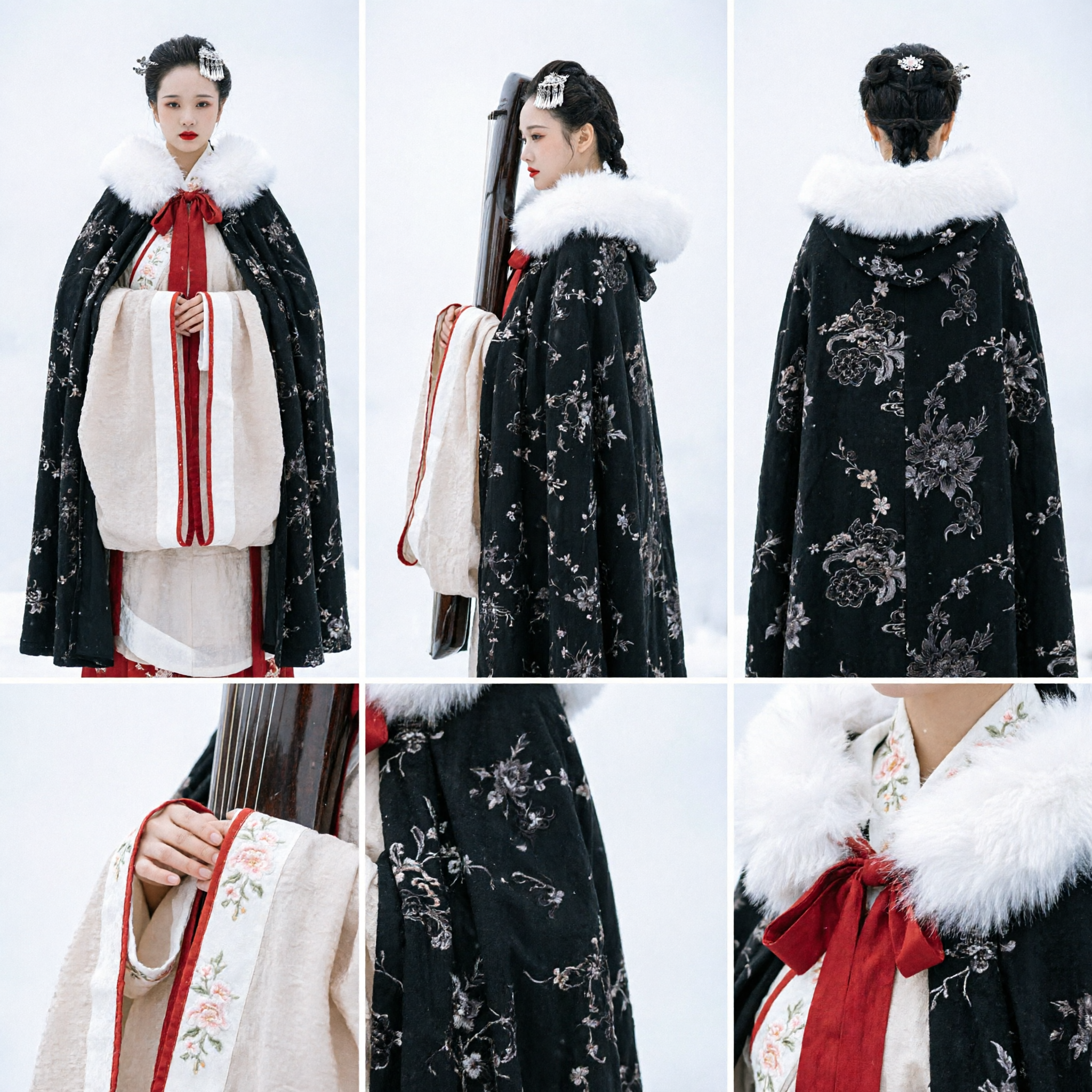Manto de Inverno Hanfu Chinês Antigo, Capa Preta com Gola de Pele Branca, Traje Tradicional para Mulheres - Asian Costume