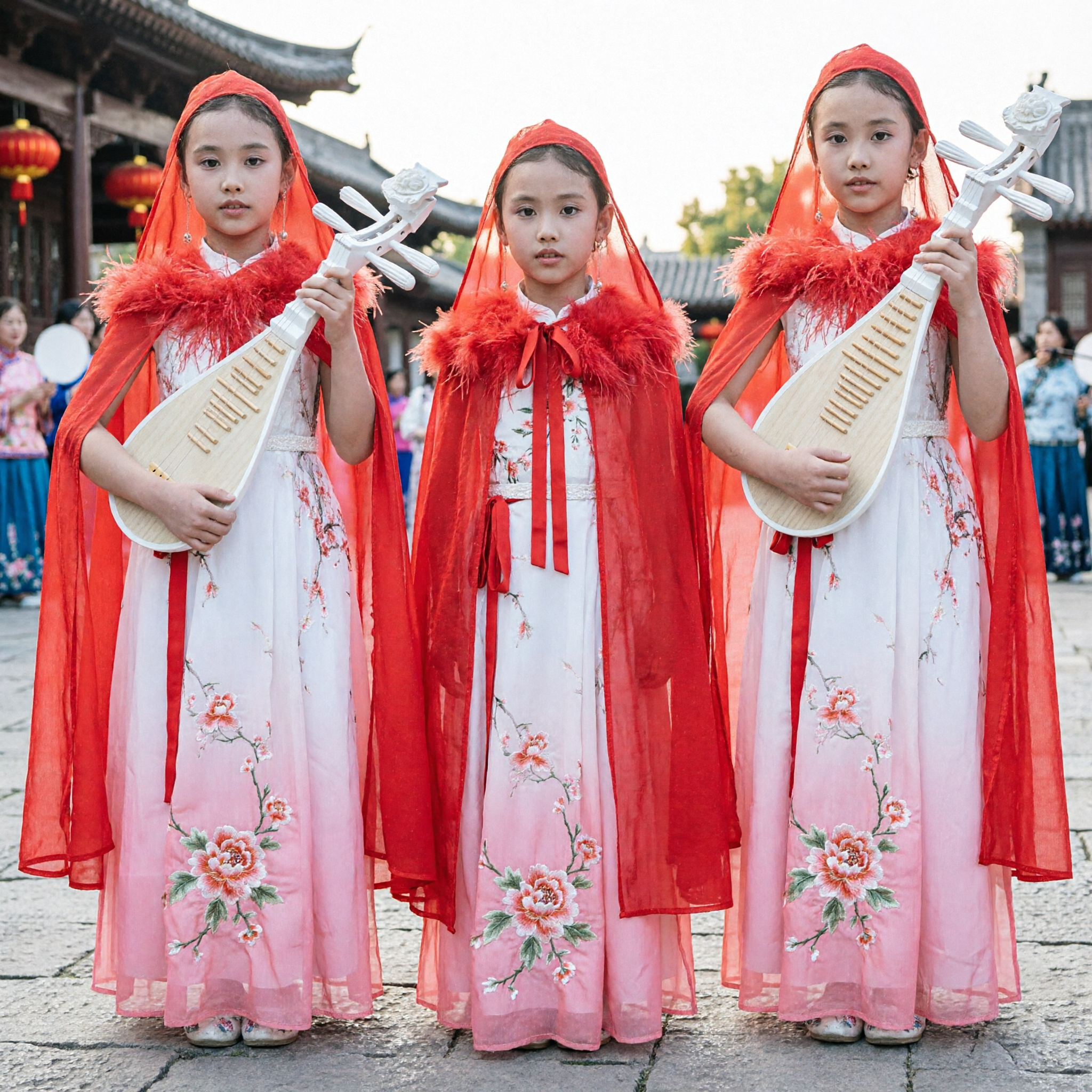 Traje Infantil Chinês Tradicional de Wang Zhaojun Tocadora de Pipa, Vestido Hanfu Vermelho com Capa para Performance no Palco - Asian Costume