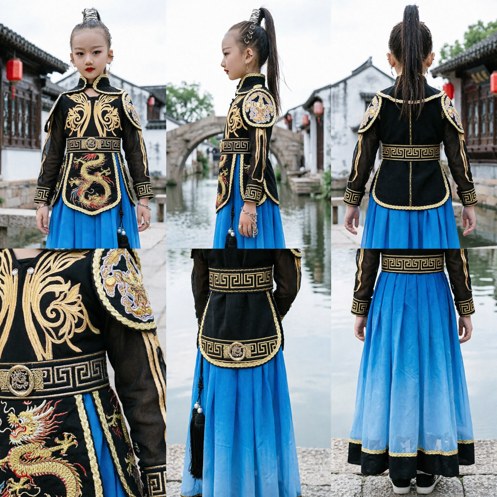 키즈 중국 고대 여전사 의상 (걸즈 화목란 검무 공연 복장, 전통 한푸 갑옷 세트) - Asian Costume