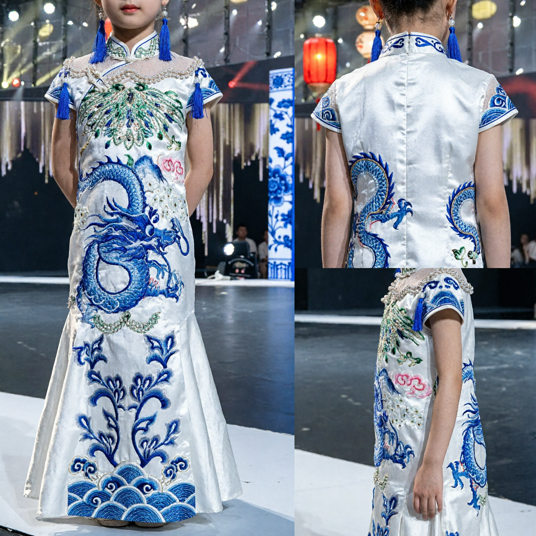 Vestido Cheongsam Tradicional Chinês Infantil Branco e Azul com Dragão, Traje para Performance no Palco com Adorno de Cabeça - Asian Costume