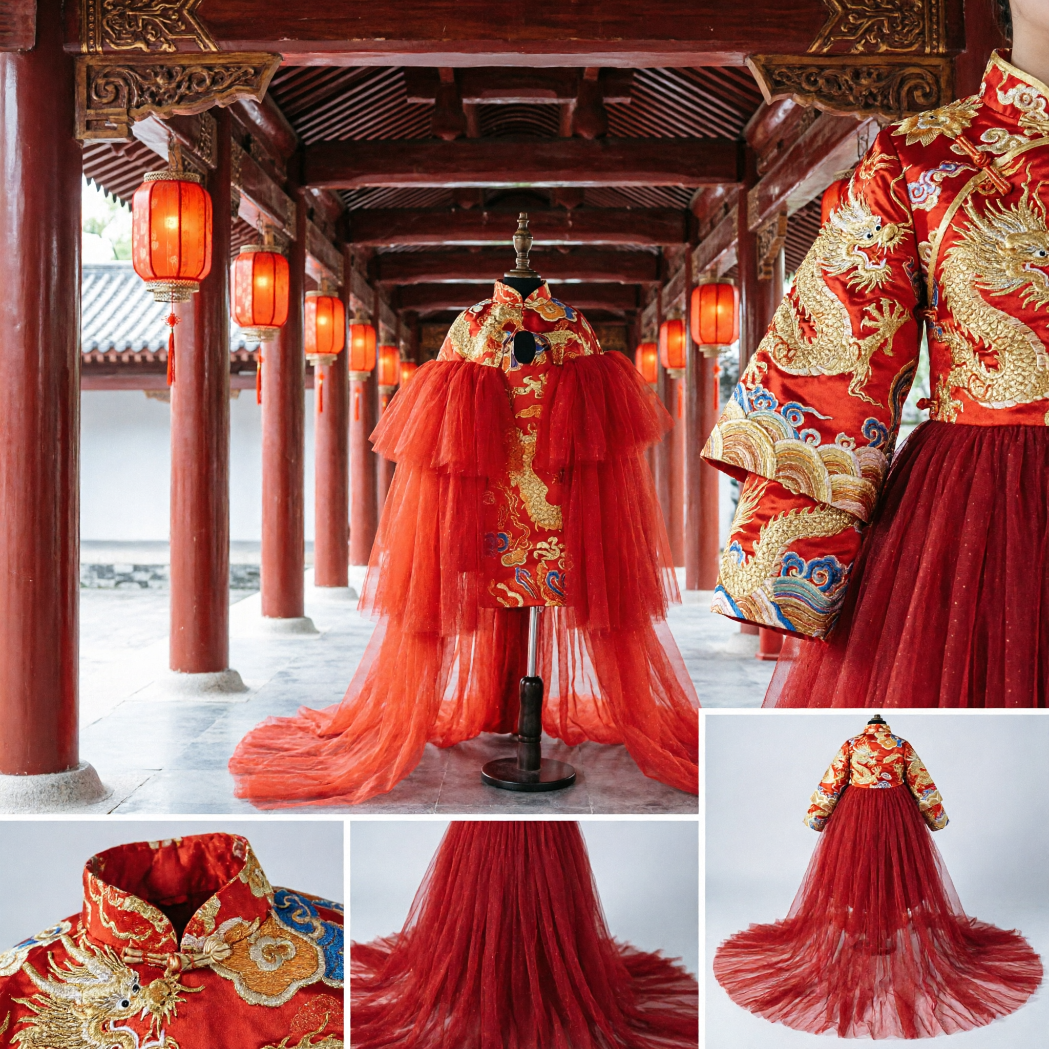 Capa de Tul Rojo para Boda Tradicional China, Bordada con Dragón y Fénix, Accesorios para Traje de Novia Xiuhe - Asian Costume