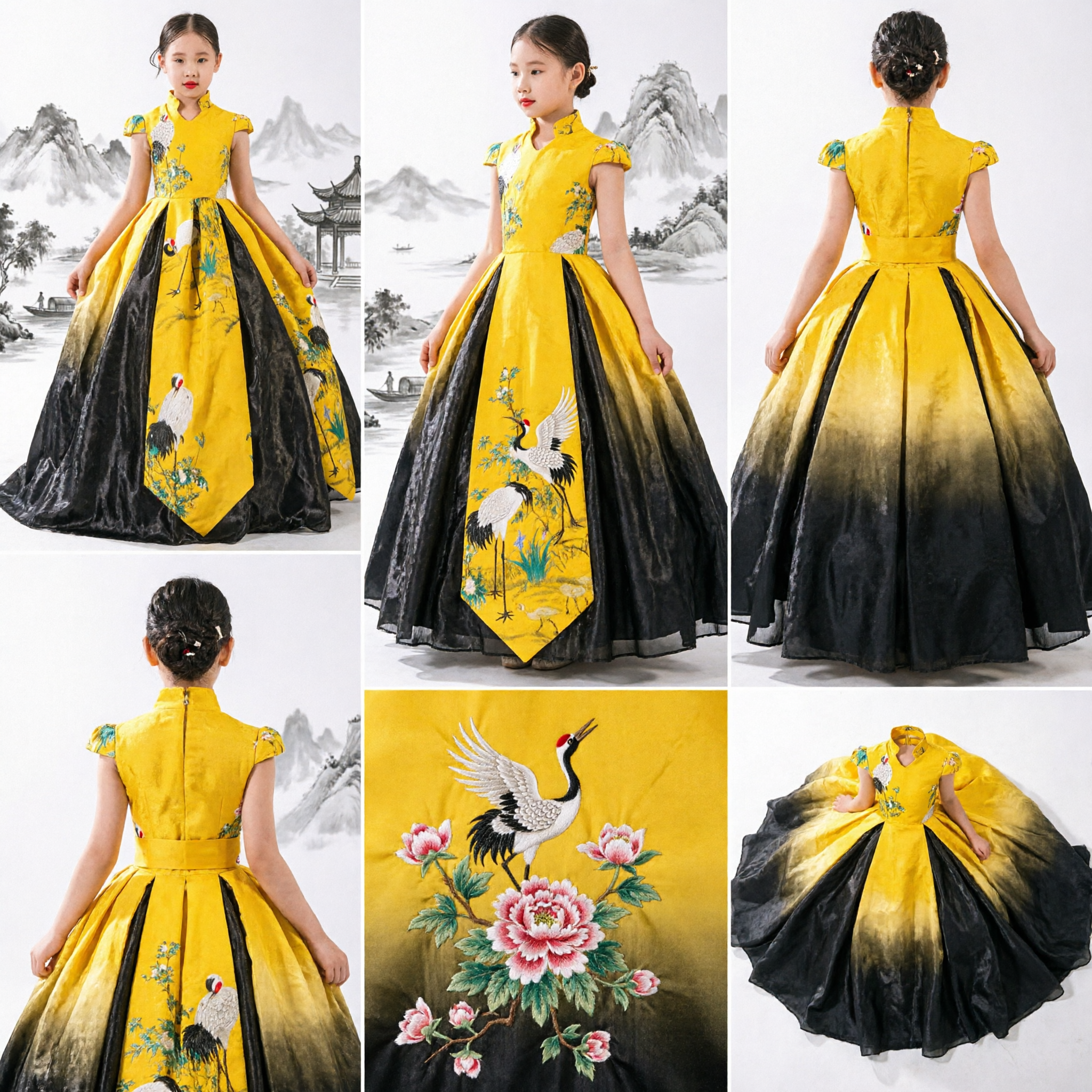 Cheongsam per Bambine Giallo con Stampa di Gru e Gonna Nera per Sfilate, Matrimoni e Palcoscenico - Asian Costume