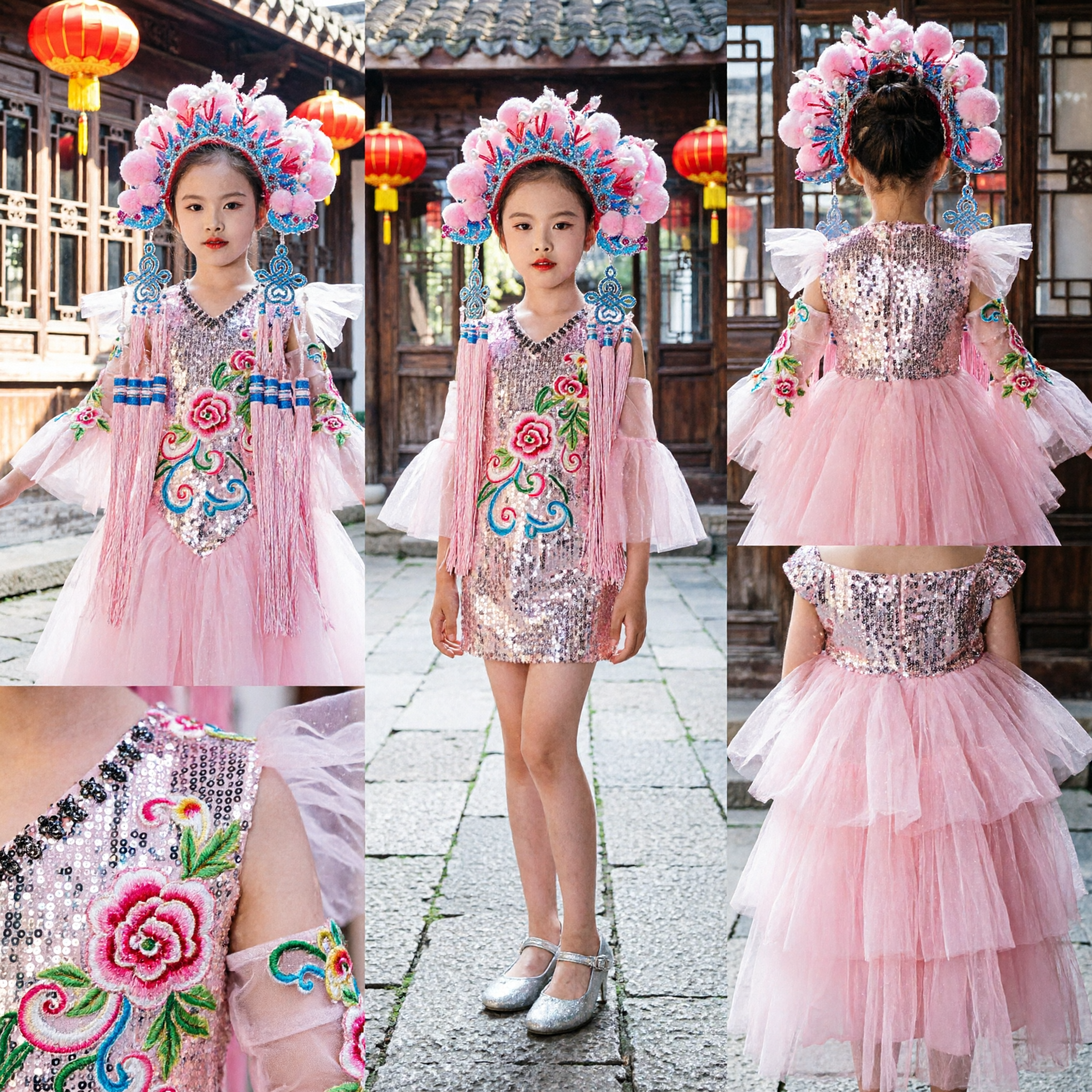 Traje Tradicional Chinês de Ópera de Pequim Infantil, Vestido de Gala Rosa de Tule com Acessório de Cabeça para Meninas - Asian Costume