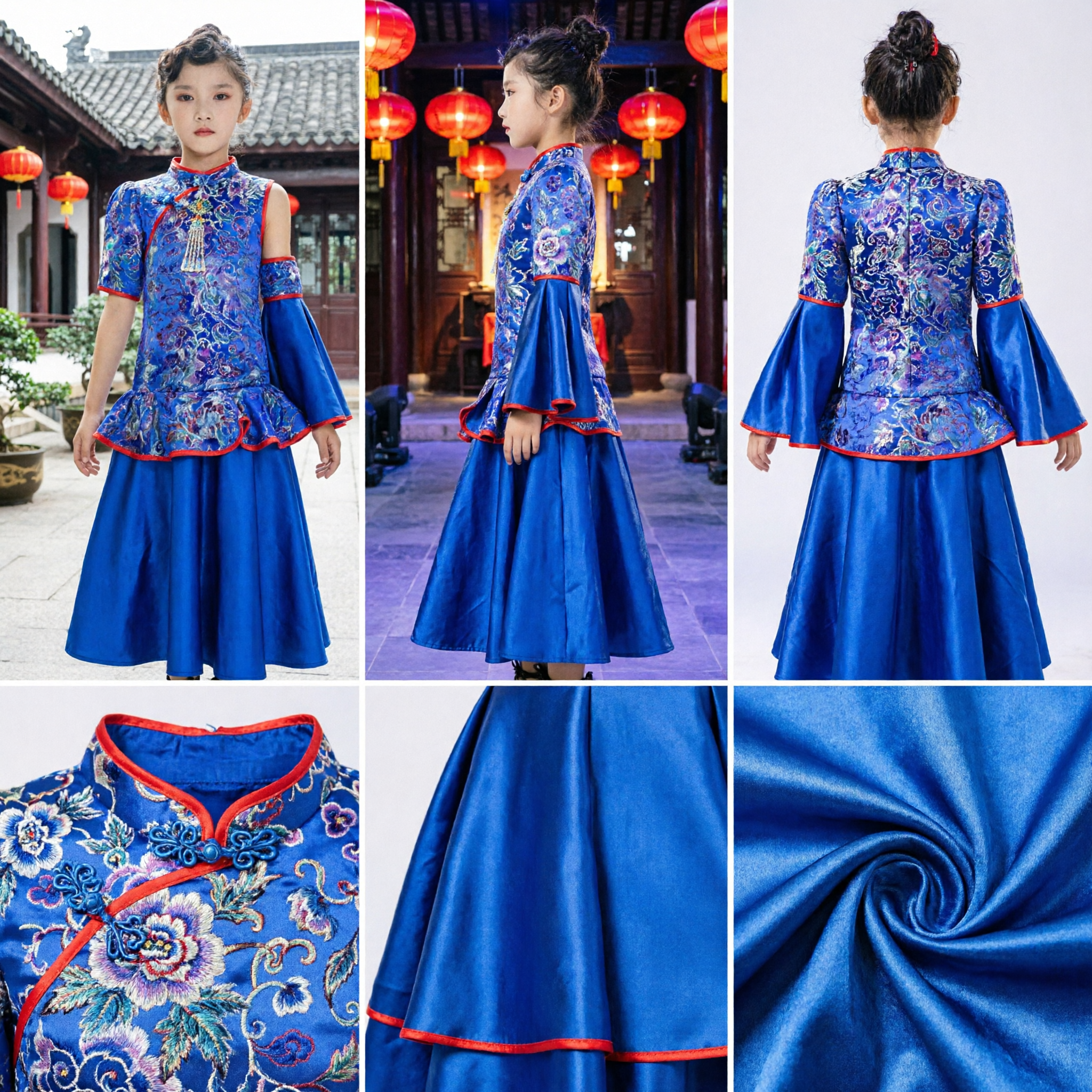 Meisjes Blauw Bloemen Chinese Qipao Jurk Traditionele Cheongsam Podium Optreden Kostuum High Low Rok voor Kinderen - Asian Costume