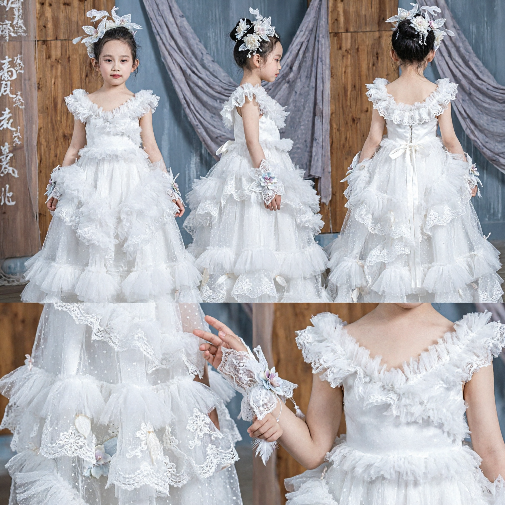 Abito da Principessa in Tulle Bianco con Pizzi e Copricapo a Farfalla per Bambine, da Damigella o Prima Comunione - Asian Costume