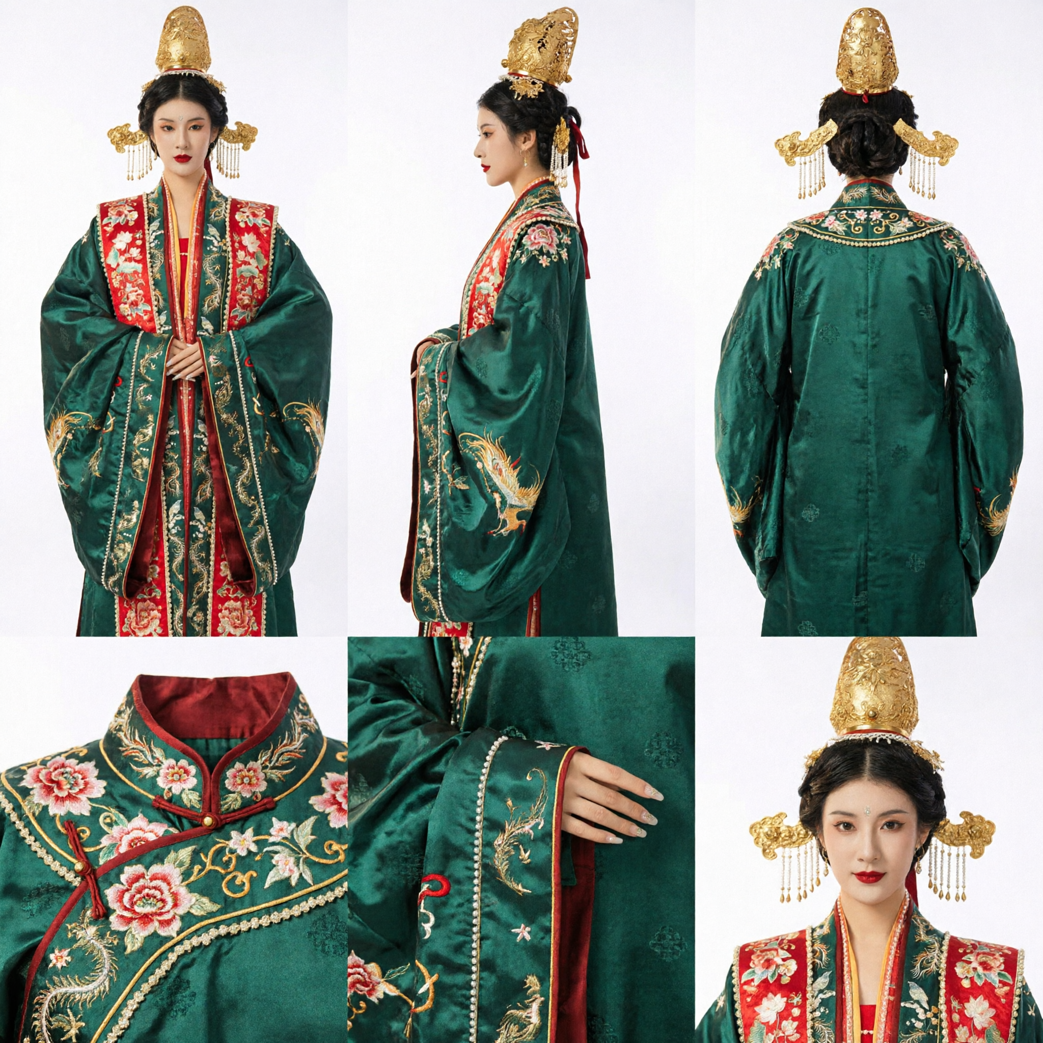 Traje de Dama do Palácio da Dinastia Tang Chinesa, Conjunto Hanfu Antigo de Imperatriz Verde Bordado para Mulheres - Asian Costume