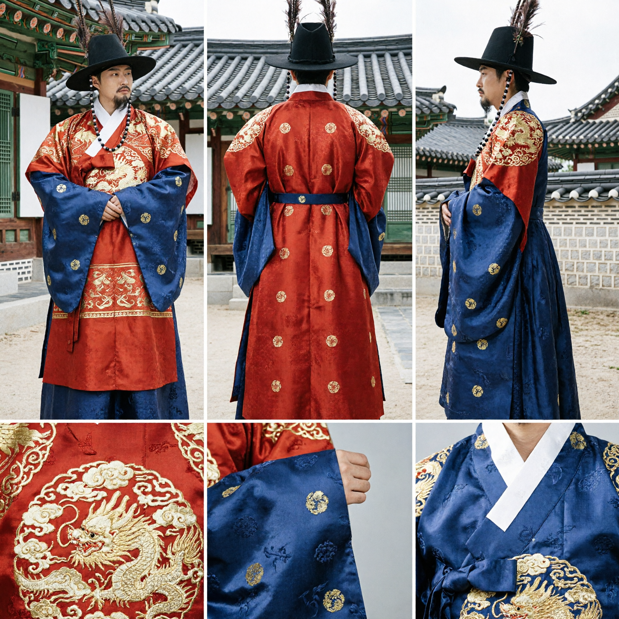 Herren Traditioneller Koreanischer Hanbok, Antikes Beamtenkostüm, Roter Robe und Schwarzer Hut für Historisches Cosplay und Fotografie - Asian Costume