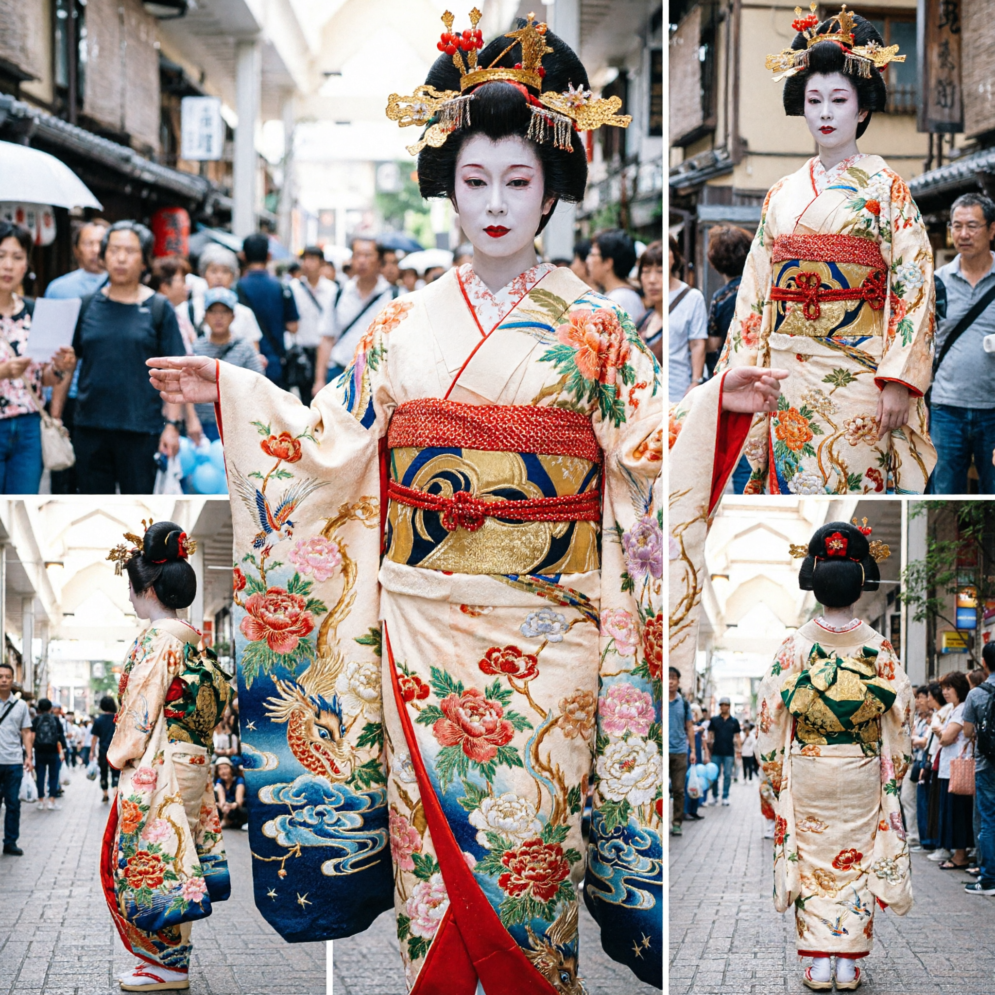 Conjunto de Traje de Festival Oiran y Shinzo Japonés Tradicional con Kimono Fénix y Paraguas Rojo para Cosplay - Asian Costume