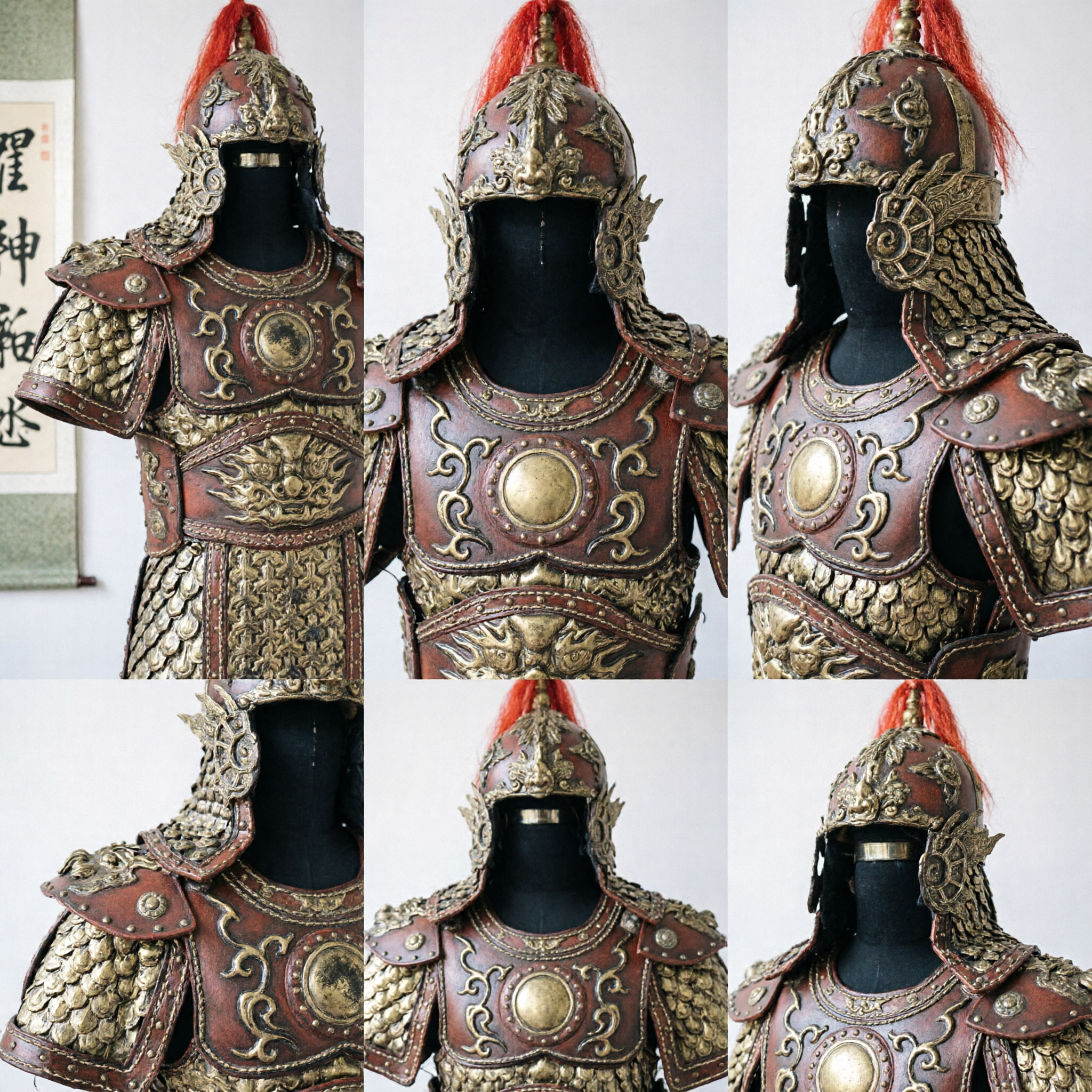 古代中国 将軍鎧衣装セット 赤地金龍戦士スーツ 男性用コスプレ舞台パフォーマンス - Asian Costume
